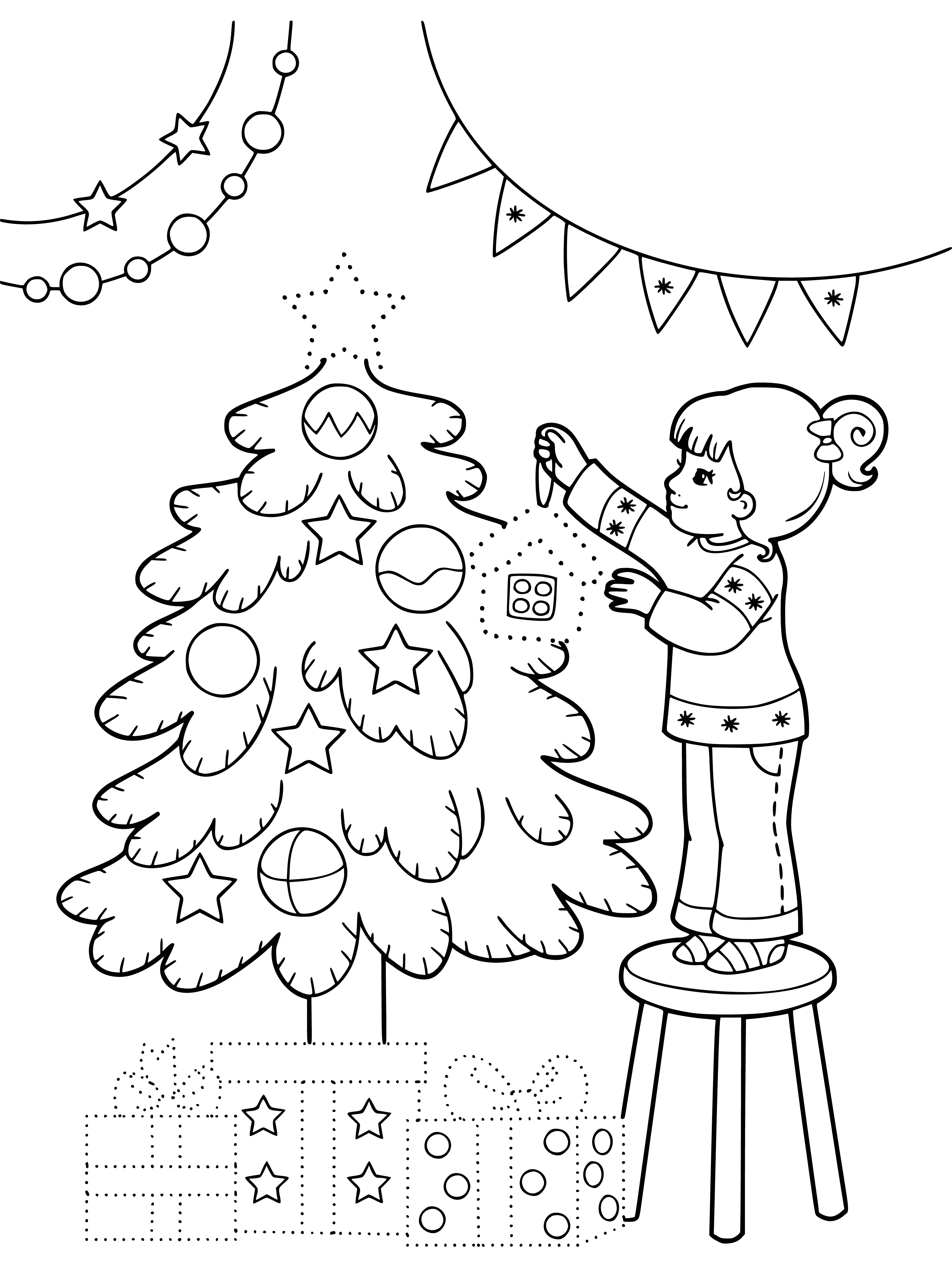 coloring page: Girl decorating Xmas tree. Has string of lights and star for top. Already some decorations on tree.