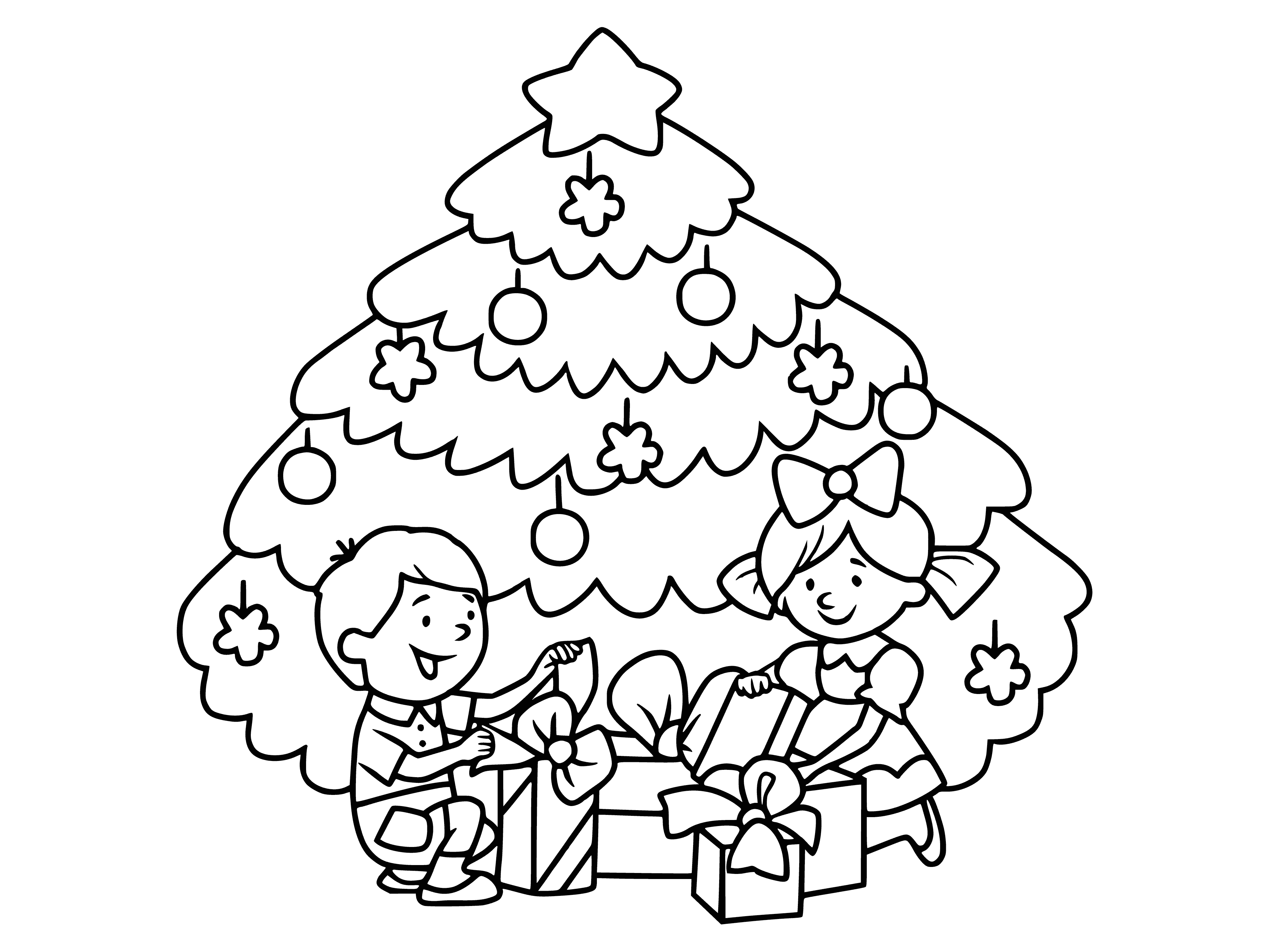 Cadeautjes bij de kerstboom kleurplaat