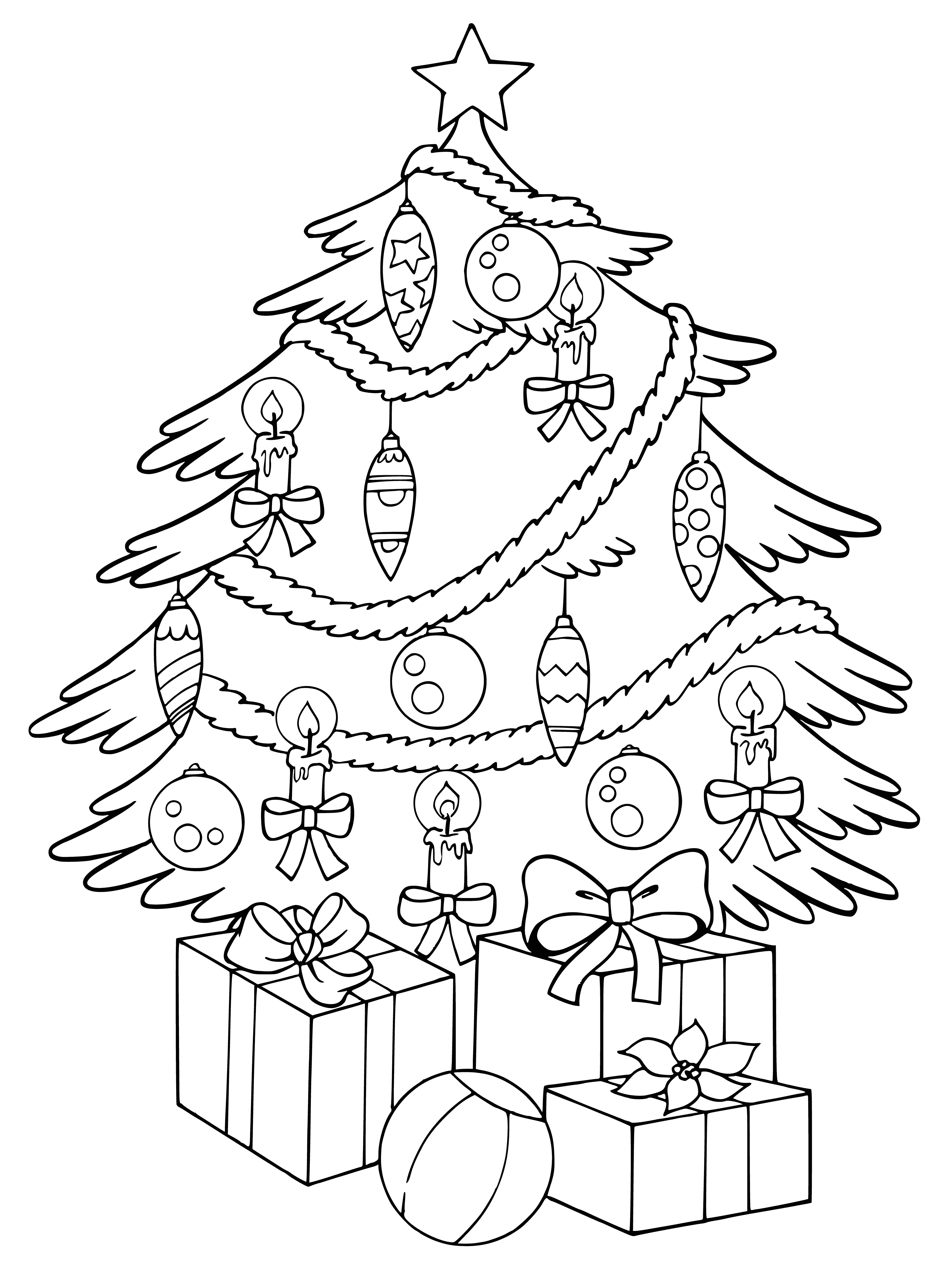 Coloring pages depict a beautiful tree adorned with ornaments, topped with a star, in traditional Christmas colors.