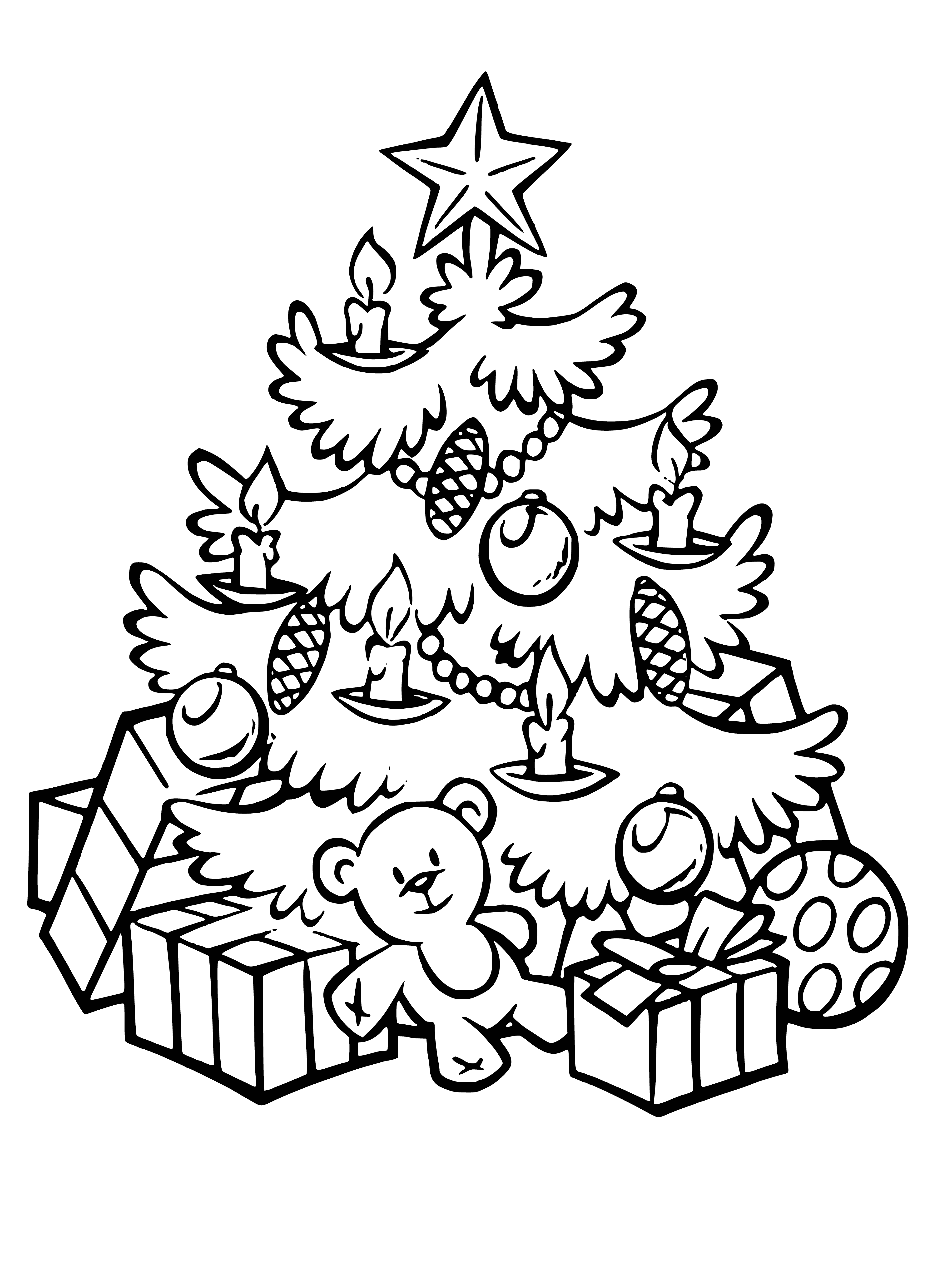 coloring page: Families decorate Christmas trees with presents of different colors to celebrate the holiday season.