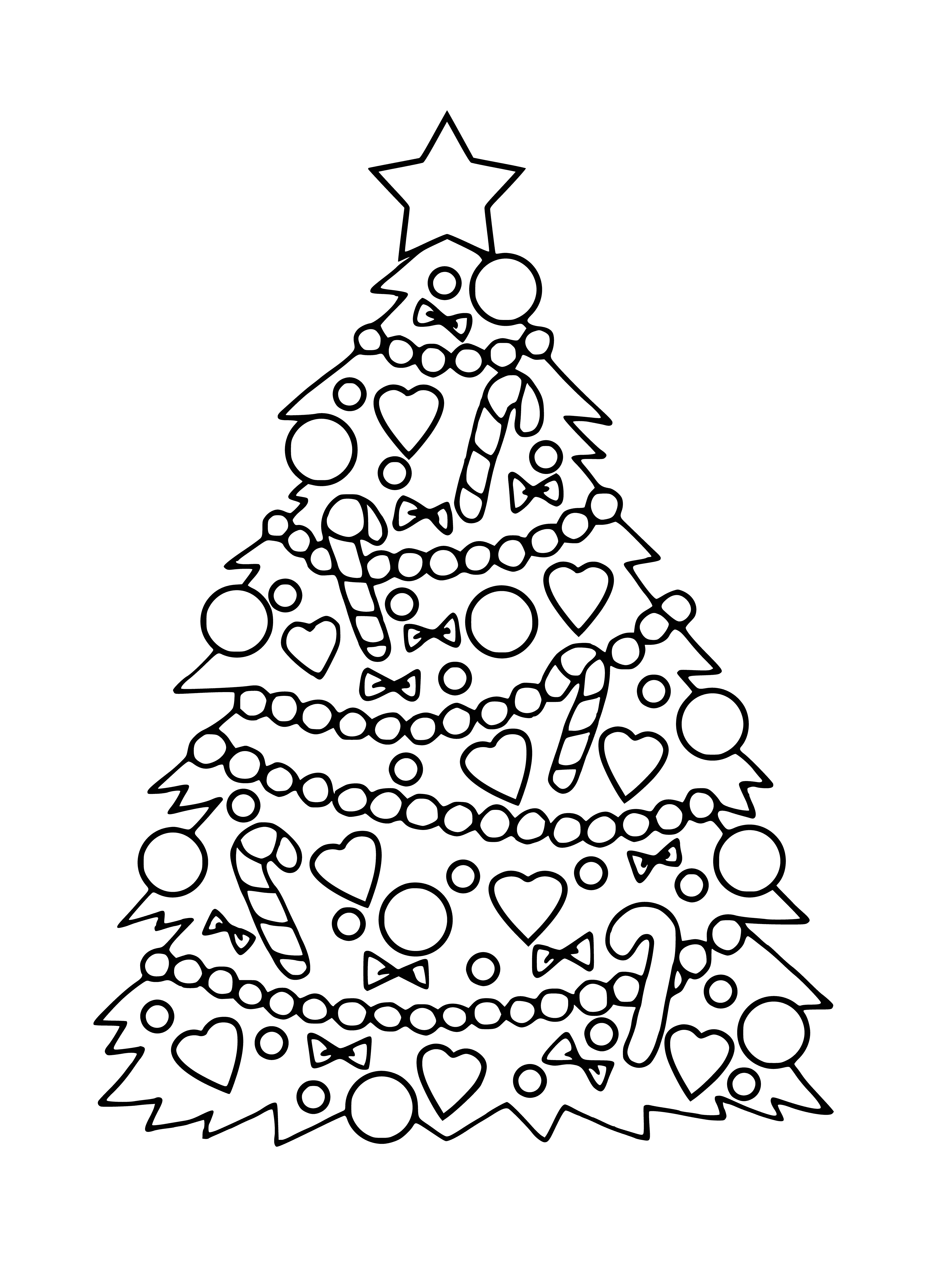 coloring page: Two Christmas trees with different ornaments & patterns. One with green star, one with red bow. Standing before a cozy fireplace. #Christmas #Coloring