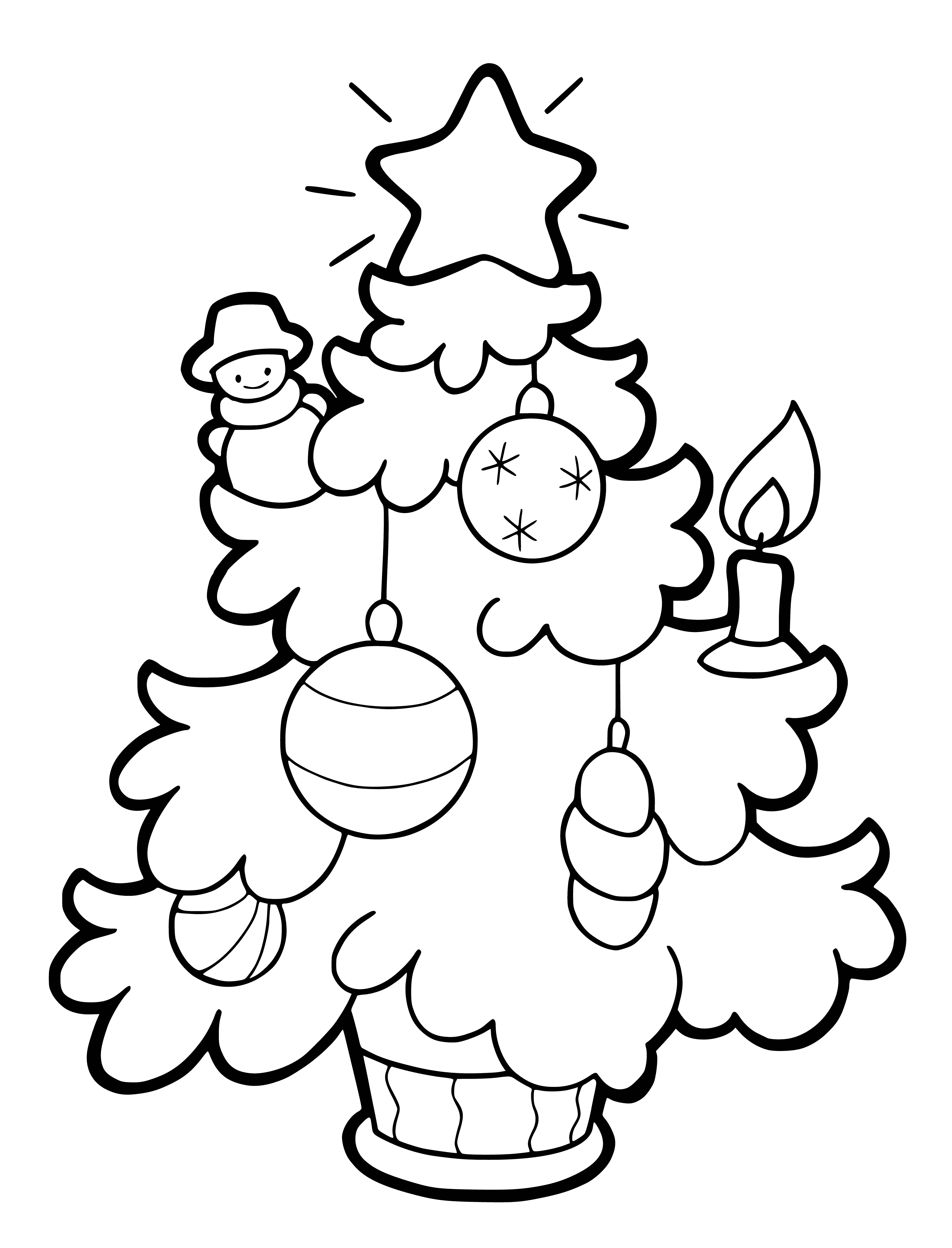 Colorful Christmas tree with ornaments, garland, & star on top, with presents underneath. #ChristmasDecoration #ColoringPage