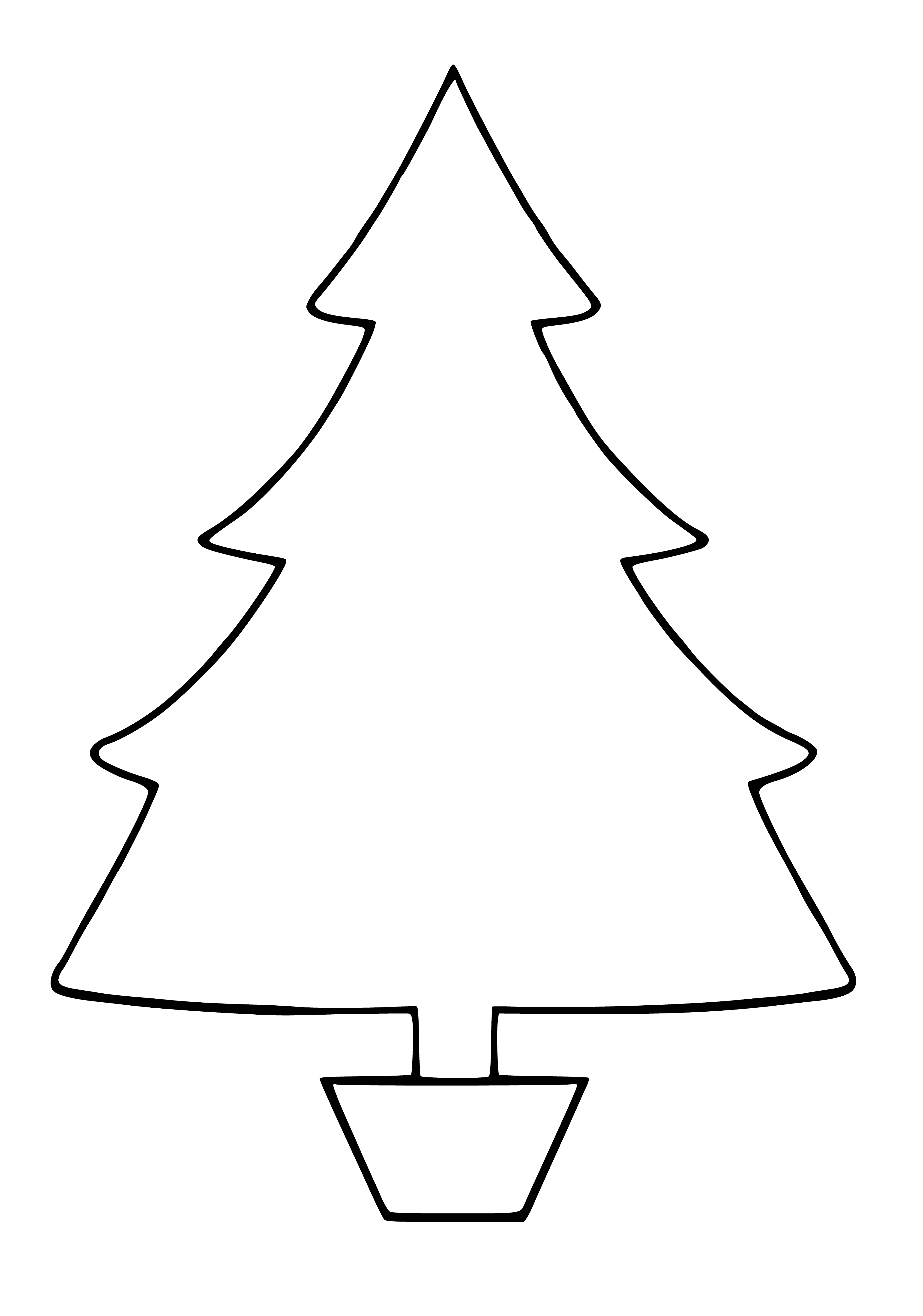 Coloring pages of jolly Christmas trees decorated with balls, garland, and presents; night sky with stars in background.
