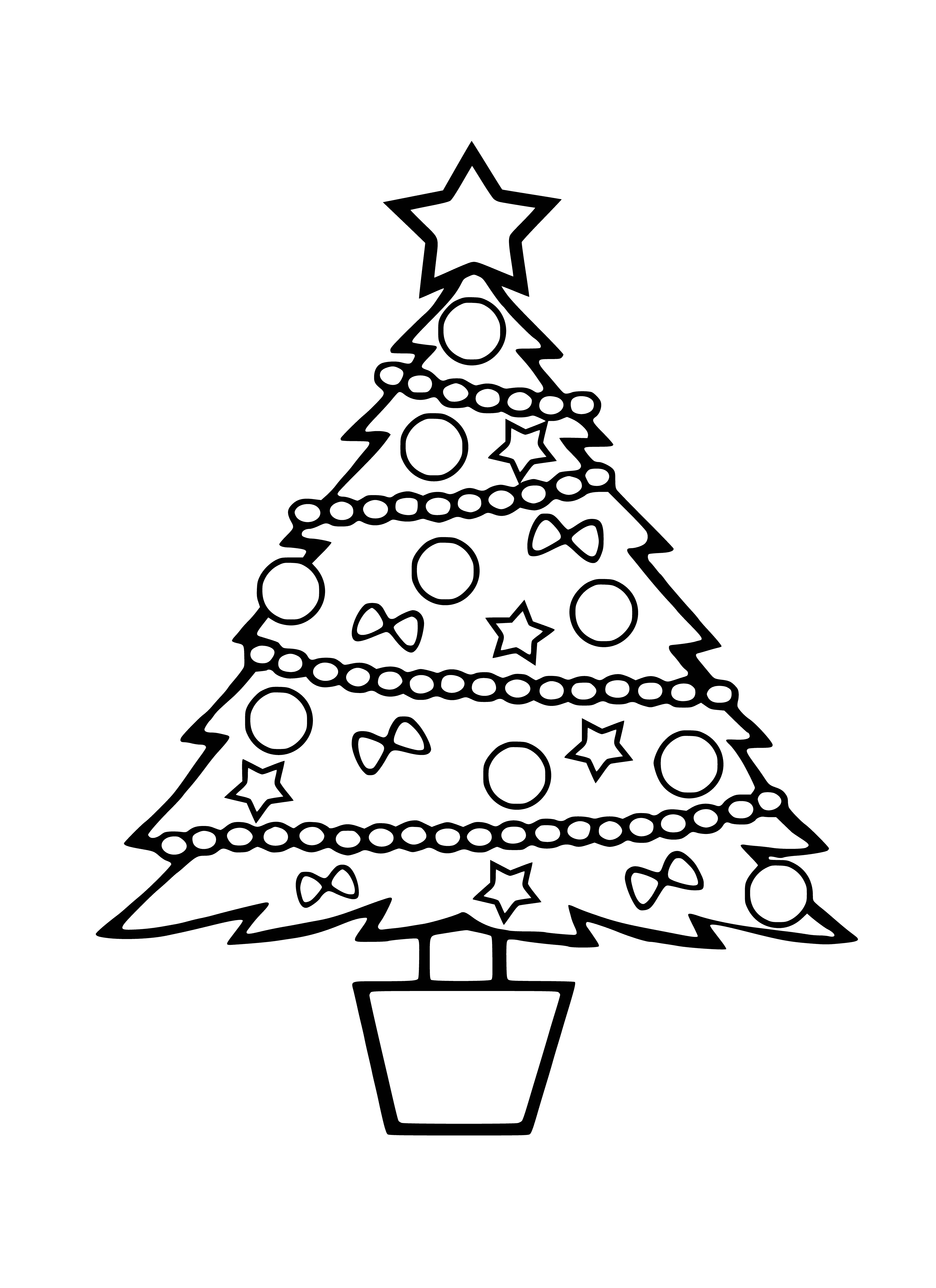 coloring page: Two Christmas trees, gifts, & kids smiling: a festive coloring page full of lights & ornaments perfect for a holiday activity!