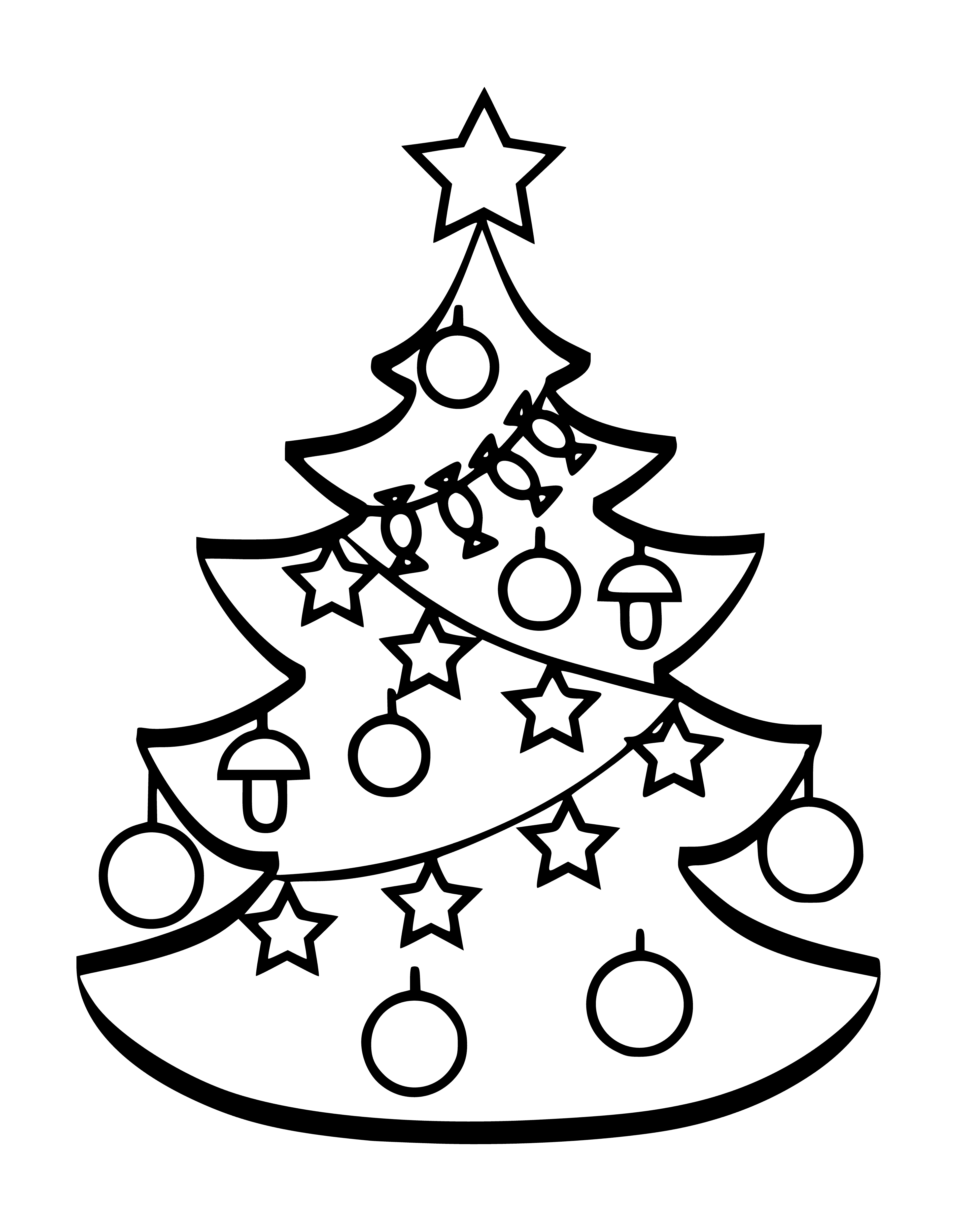 coloring page: Town sq. filled with festive atmosphere as giant Christmas tree has garlands, lights, red bows decor and small train around base. Presents & people milling.