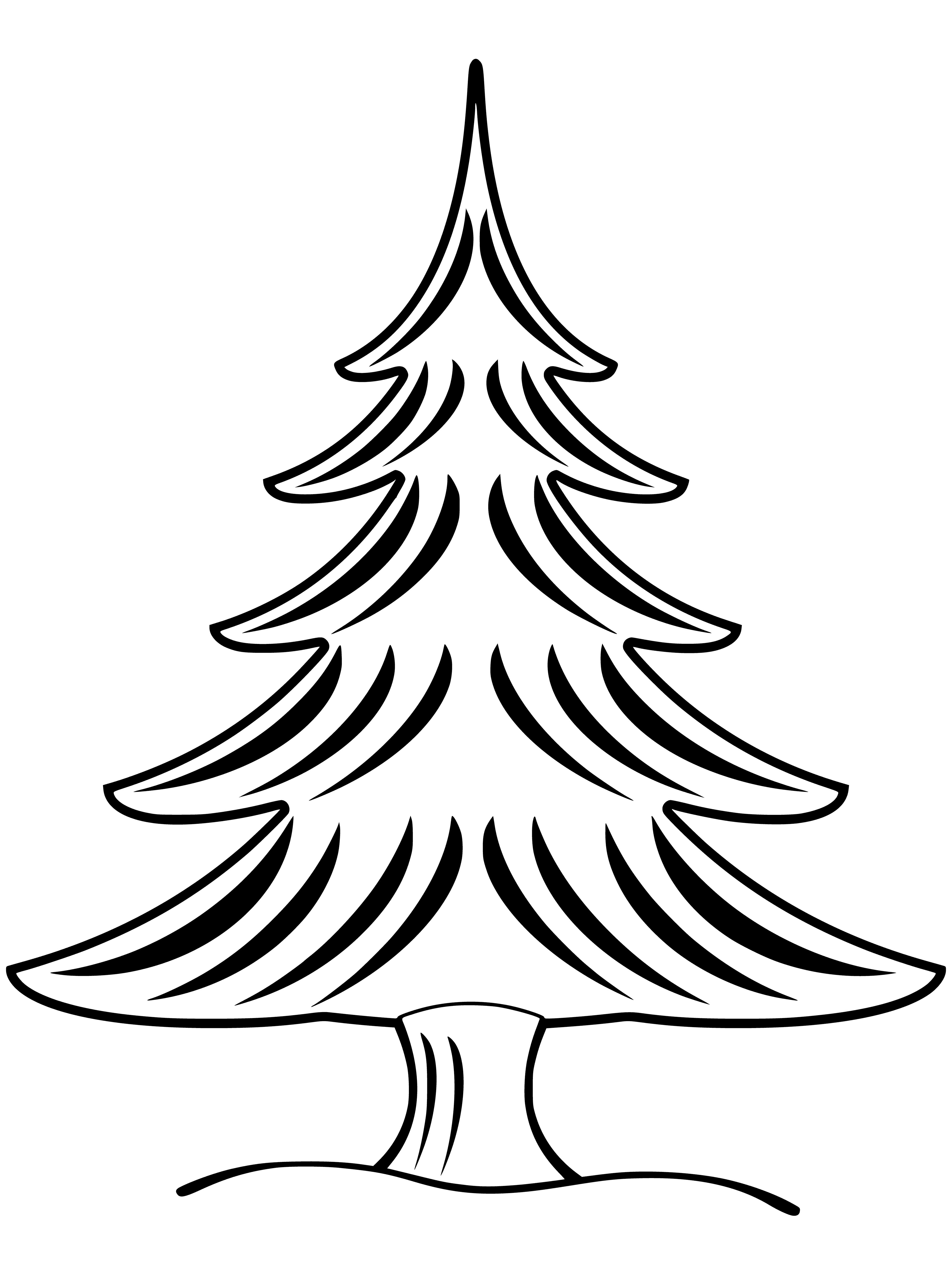 coloring page: Christmas tree adorned w/ star on top, garland on middle, & presents underneath.