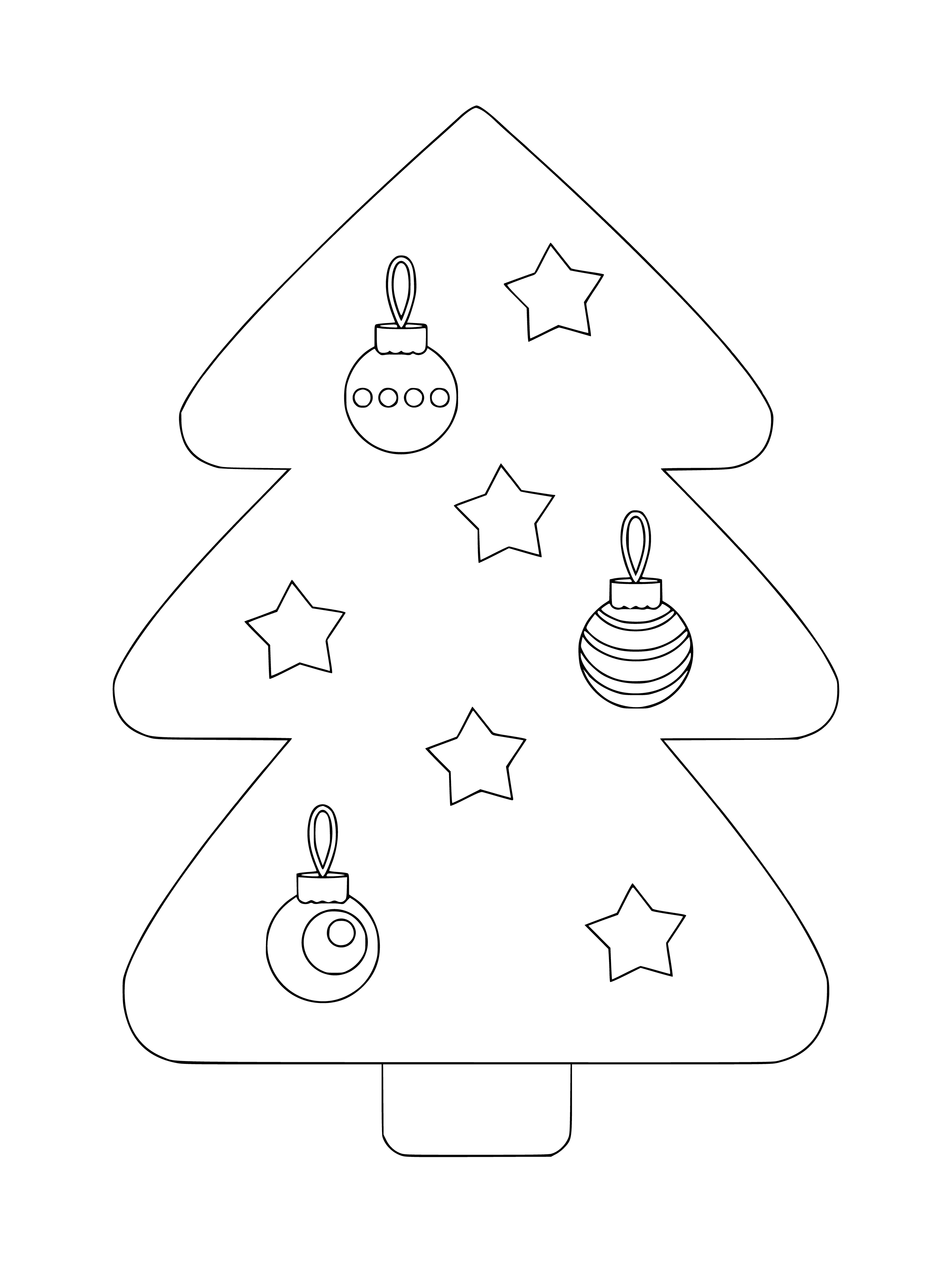 coloring page: Decorated Christmas tree w/ ornaments, lights & star, surrounded by presents.