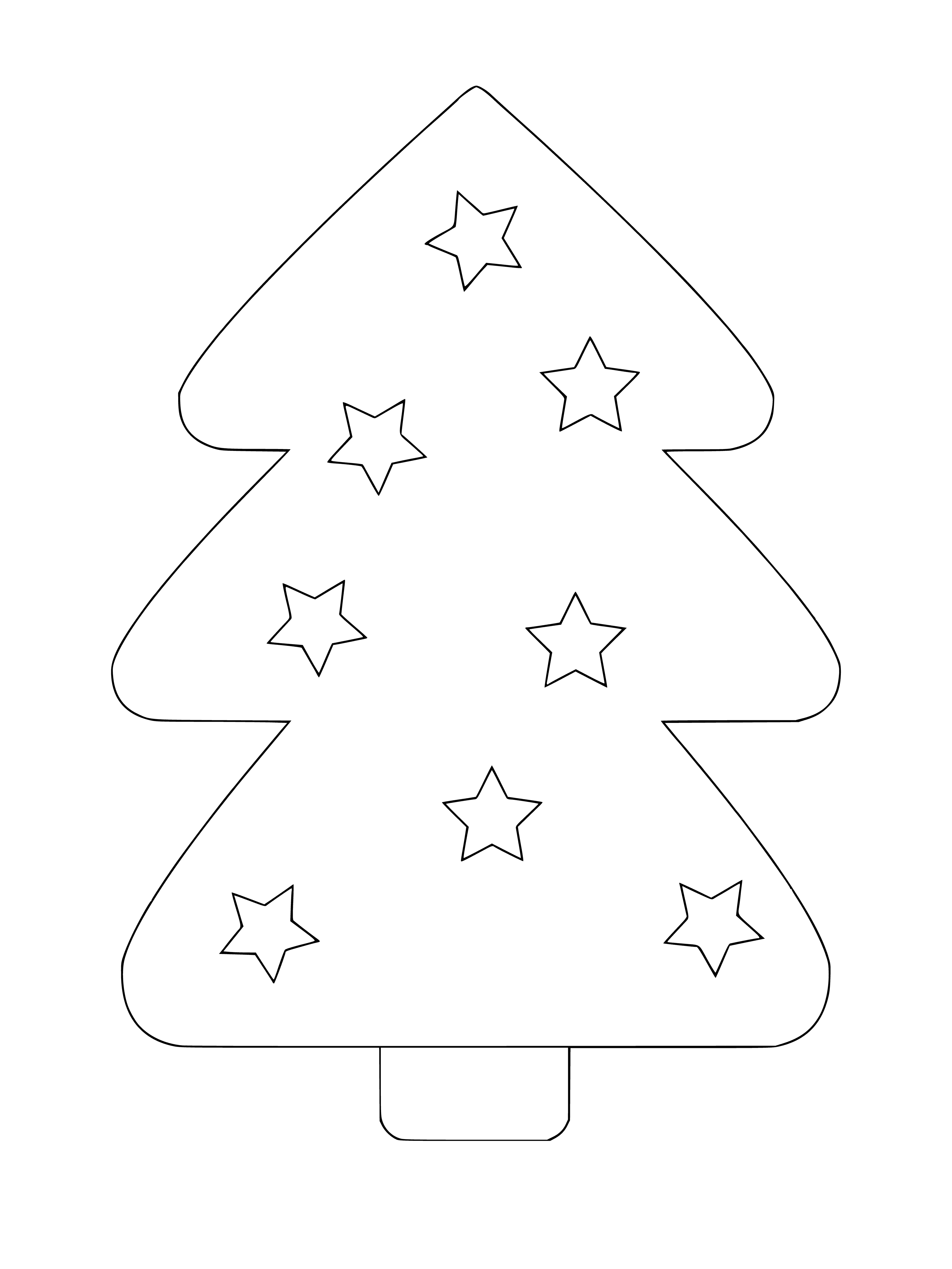 coloring page: Families gathering 'round a Christmas tree with a star on top, & presents wrapped in festive colors.