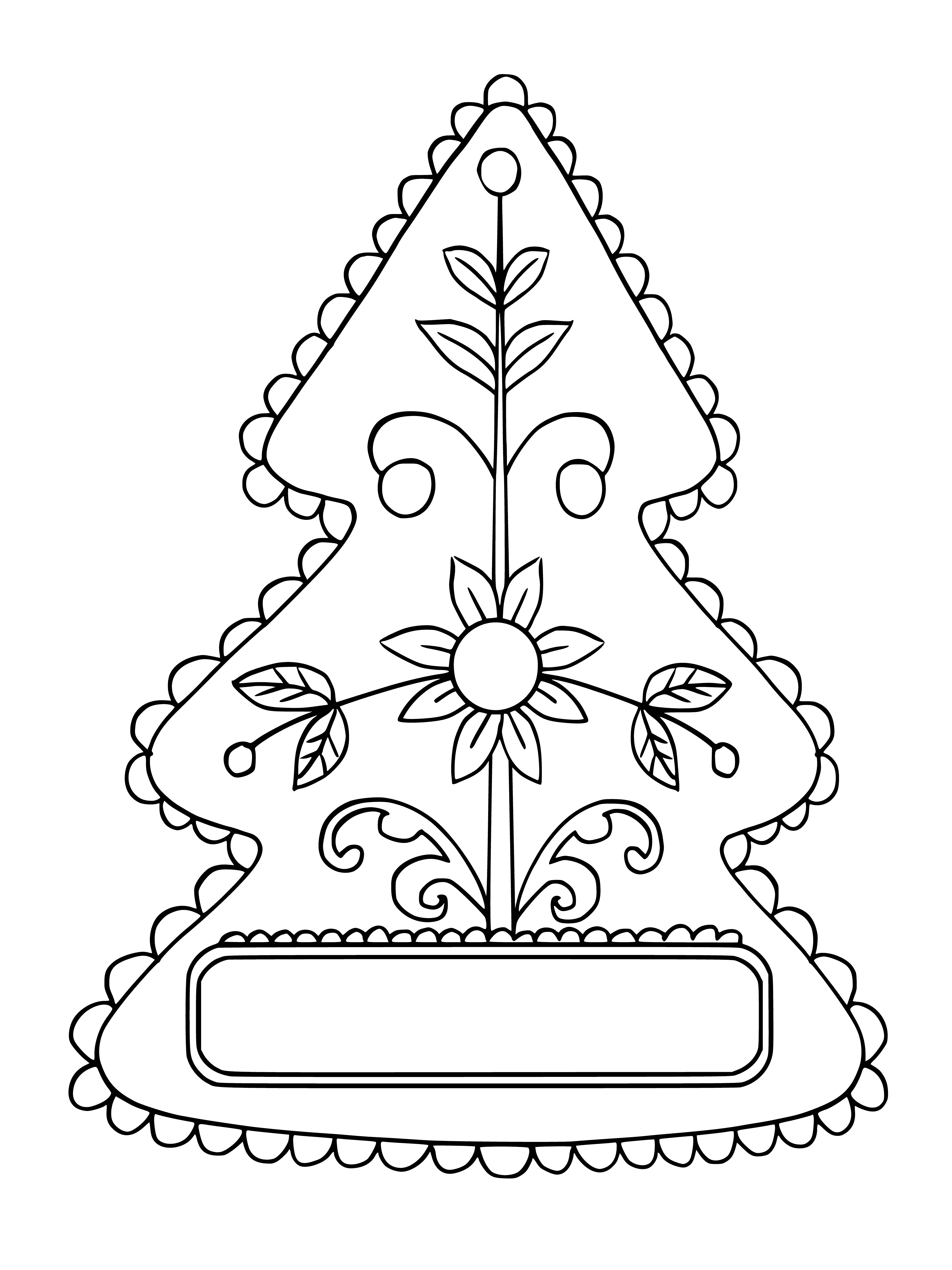 coloring page: Christmas tree of lights and presents fills center of col. pg while ppl in snow walk in bg.