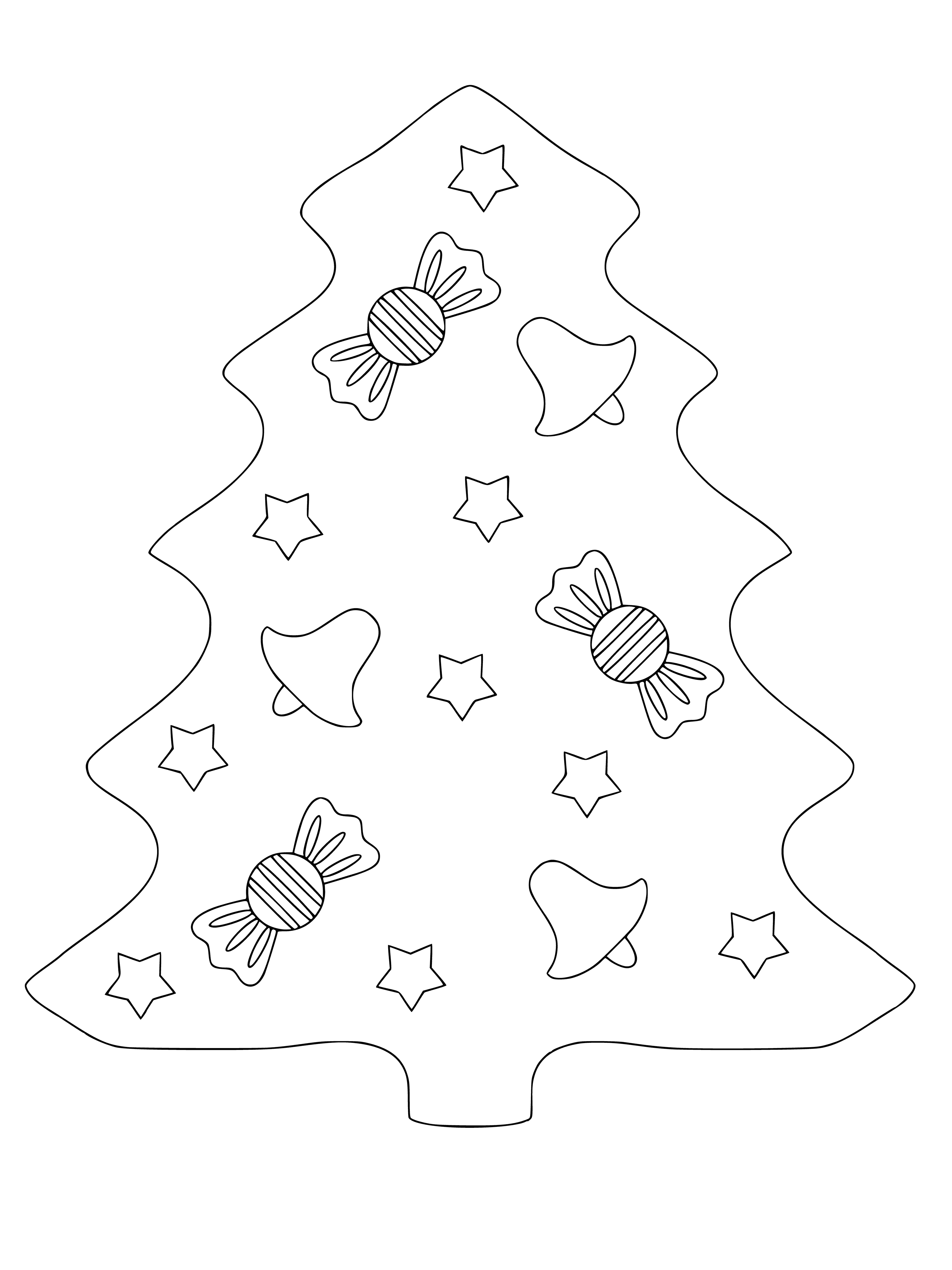 coloring page: Family decorates Christmas tree with ornaments, garland and star, ready to enjoy presents underneath. #ChristmasTraditions