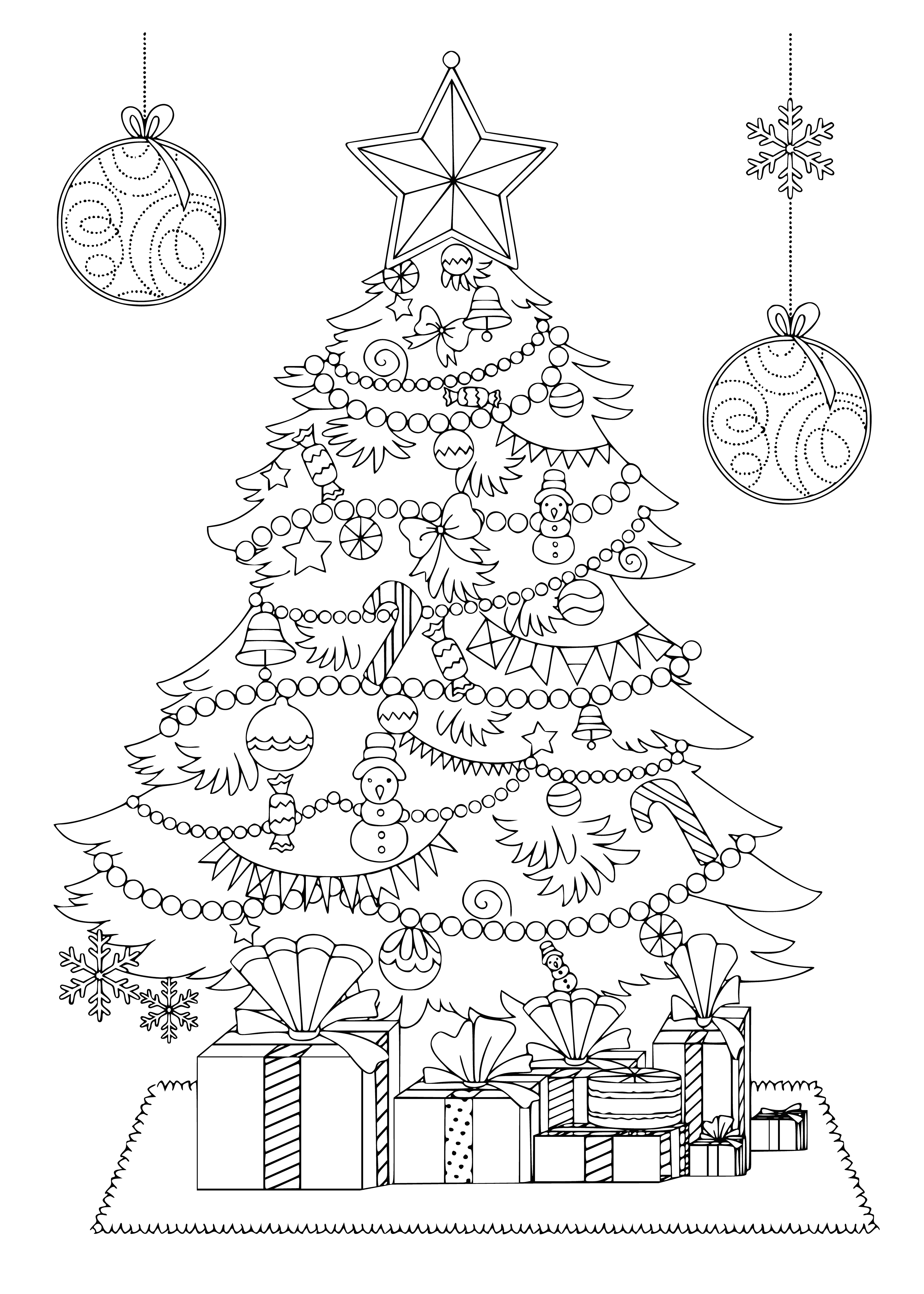 coloring page: Christmas tree in the center, prezzies wrapped in colors, candy canes n' gingerbread men. A beautiful holiday sight!