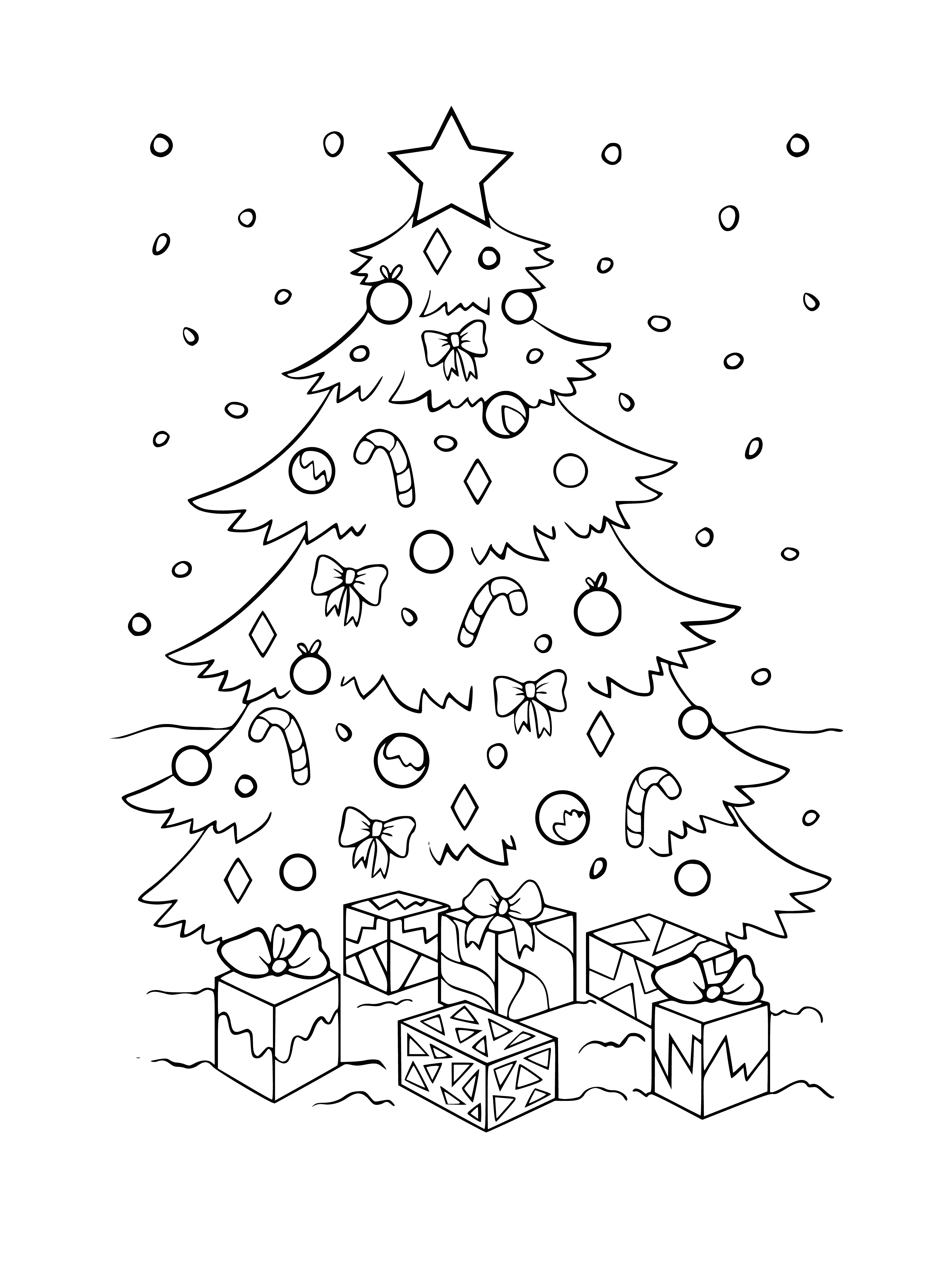 coloring page: A decorated Christmas tree with presents wrapped in colorful paper & bows underneath.