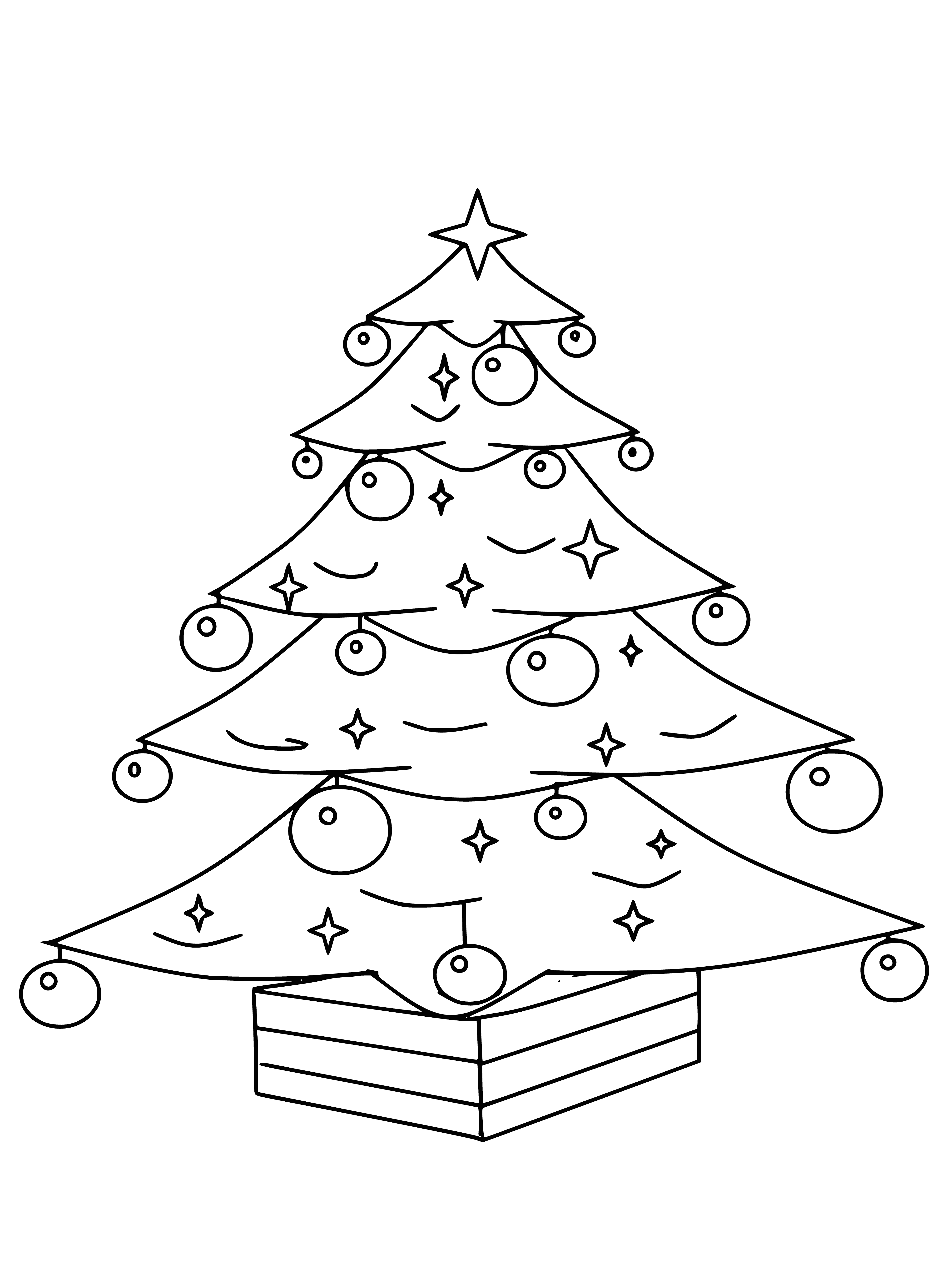 coloring page: Santa's at the tree delivering gifts: a teddy bear, doll, wagon, & more decorations like balls, ribbons, & a star.