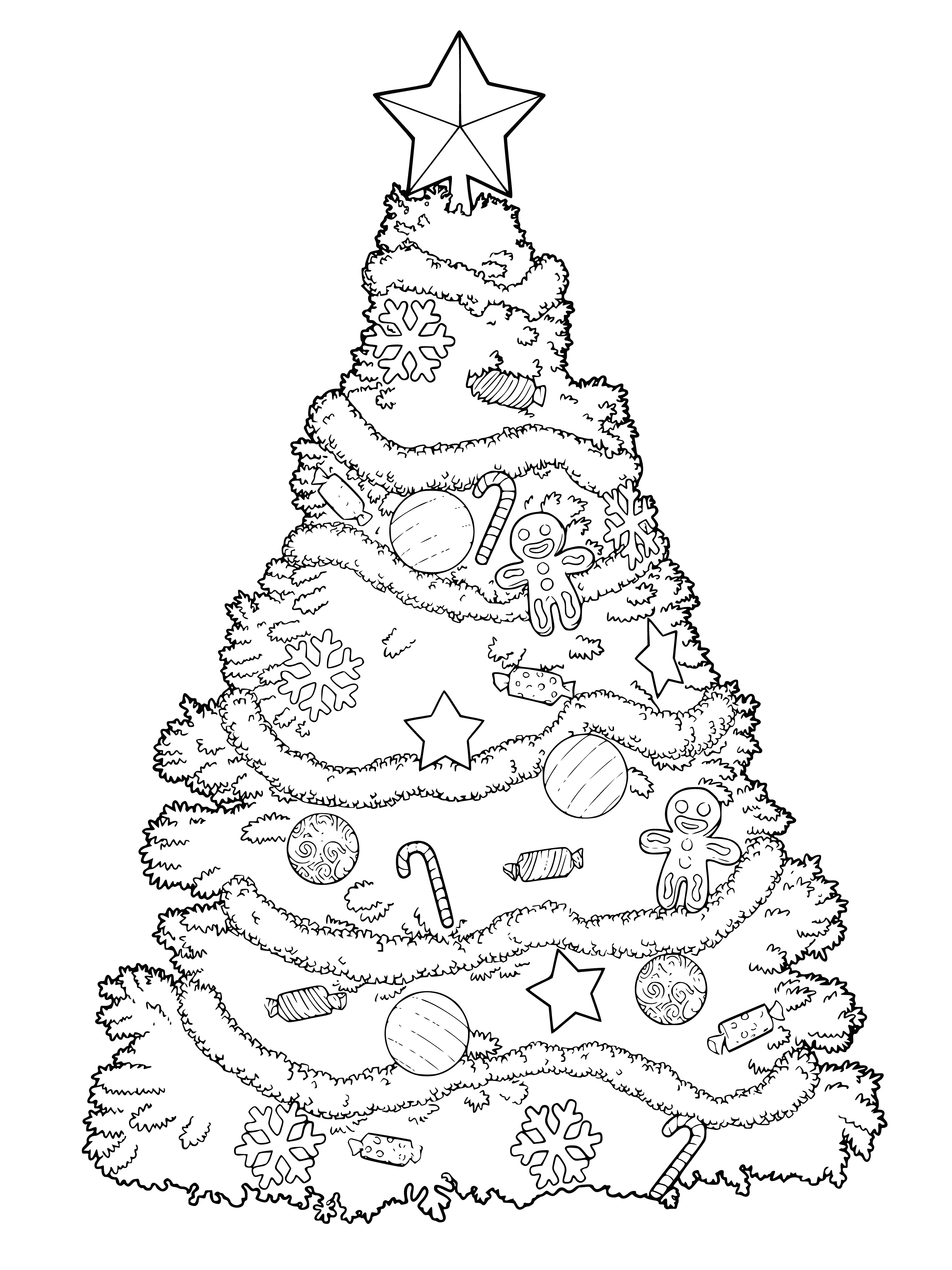 coloring page: Decorated Christmas tree with presents & lights to color! Star on top & balls/ribbons to make it festive!