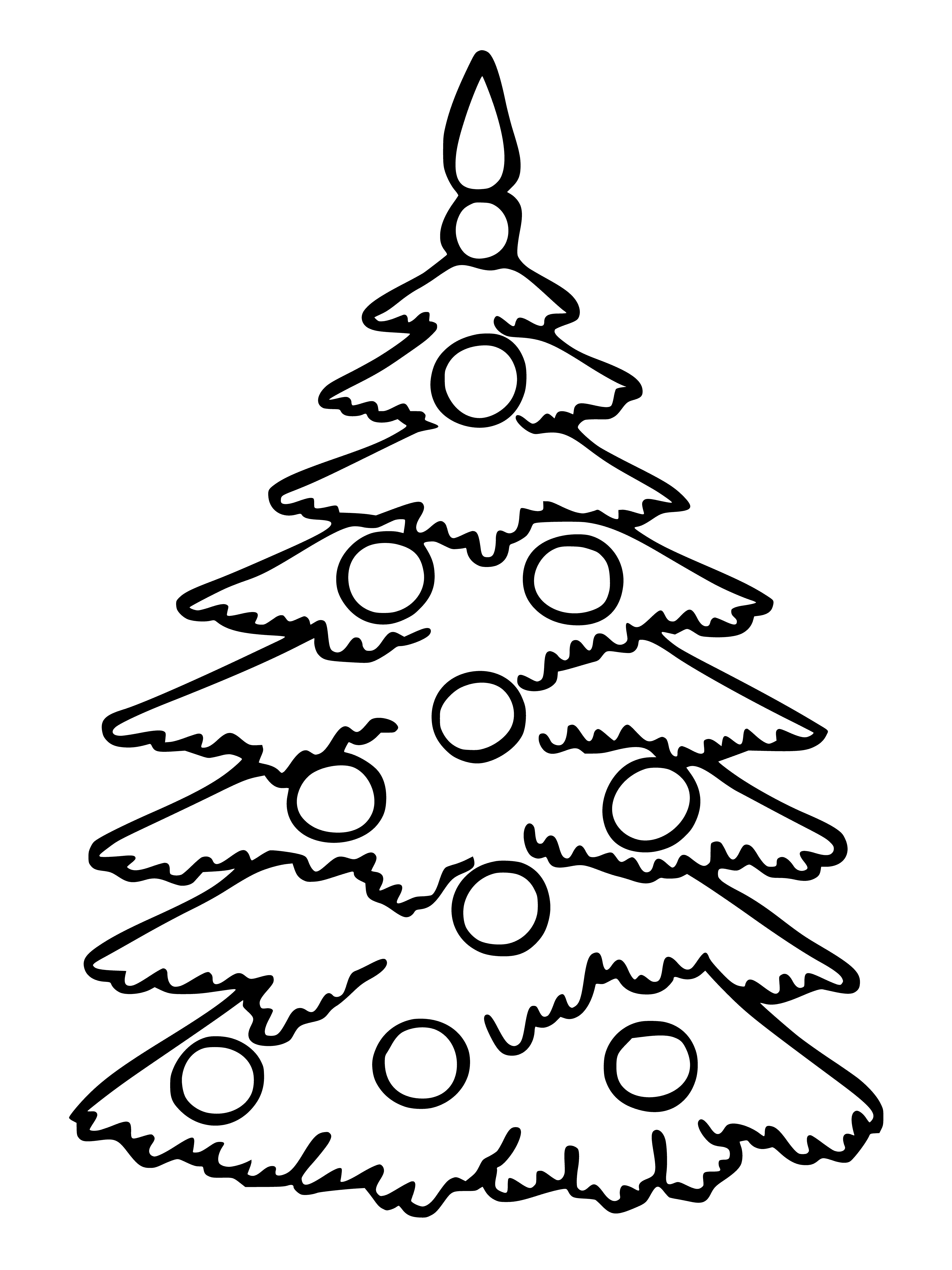 coloring page: A Christmas tree surrounded by presents, a star on top, and garland - a perfect holiday scene!