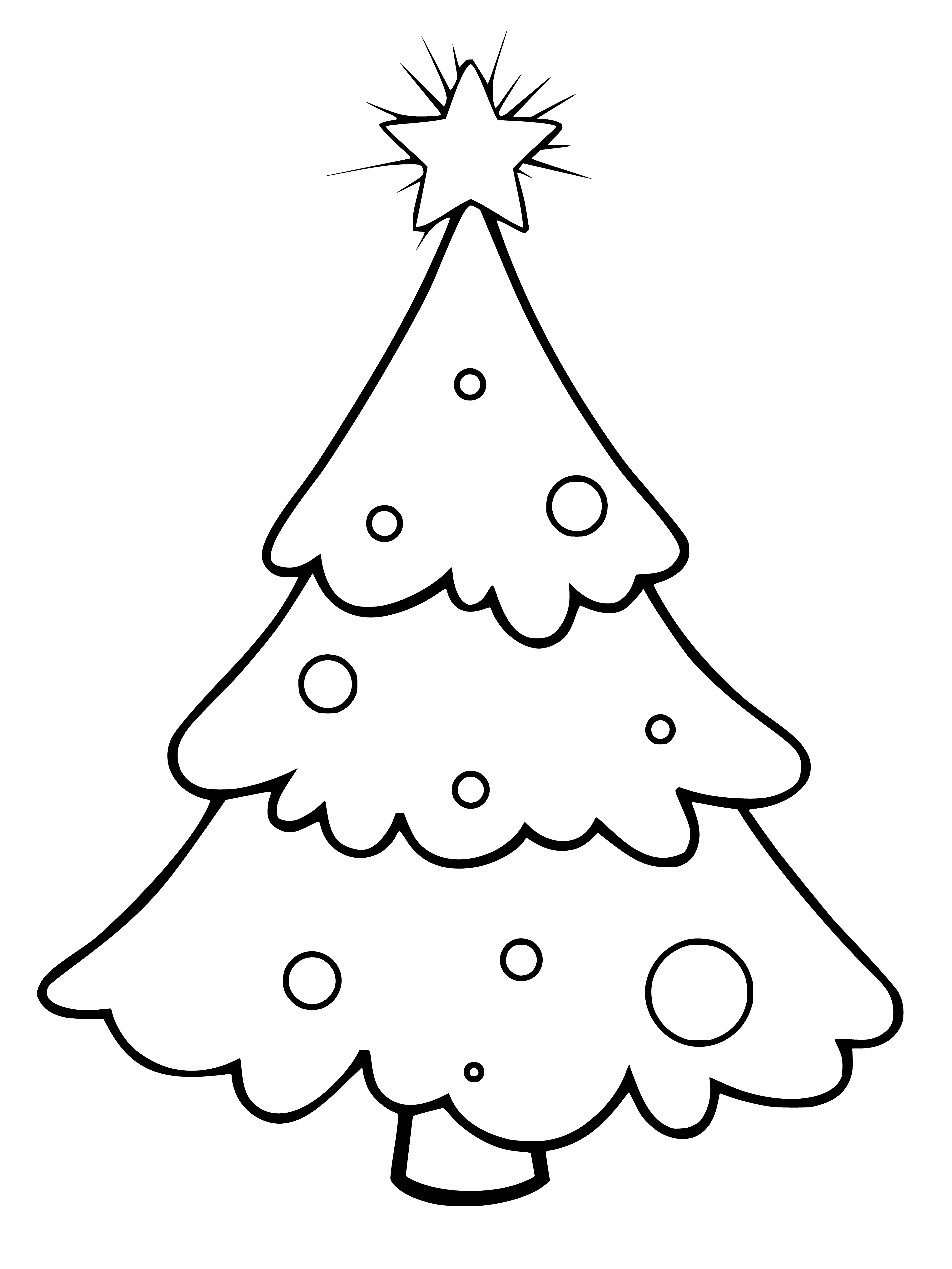 coloring page: Tall, elegant Christmas tree w/ lights, garlands, & ornaments standing magnificently in middle of room.