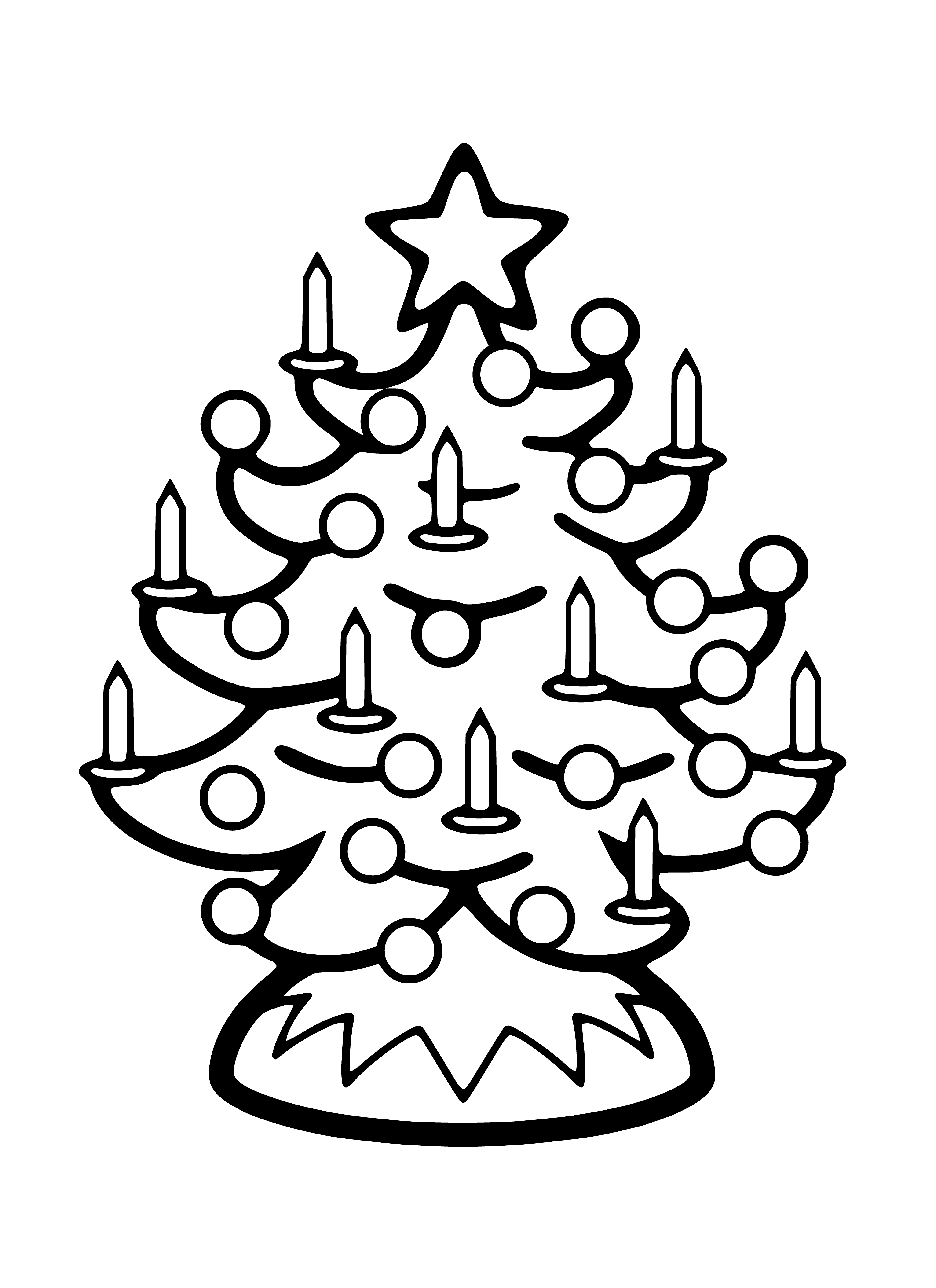 Coloring page of a Christmas tree with various colored candles, star, snowflake & candy cane ornaments.