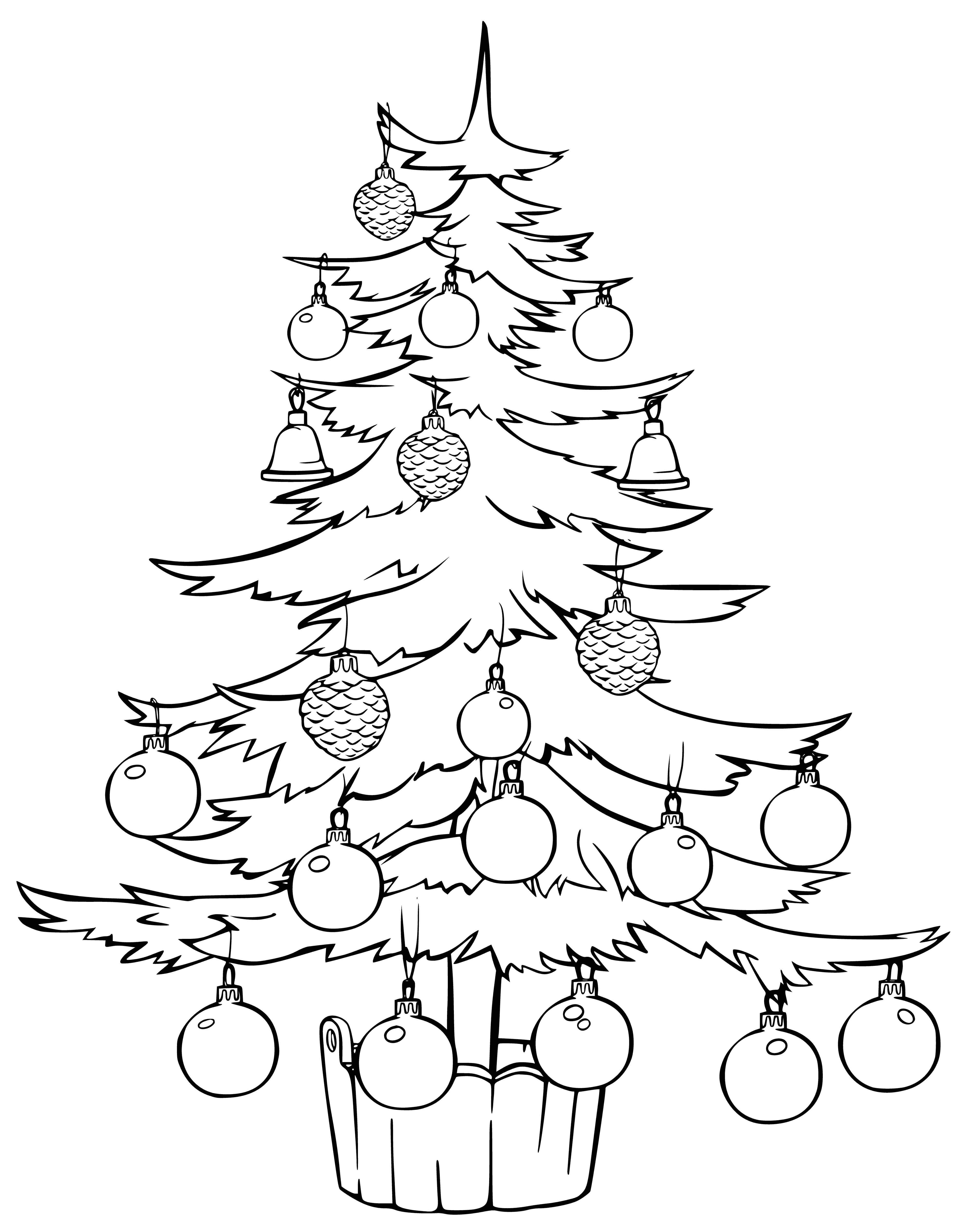 coloring page: Festive holiday scene: decorated tree w/lights, ornaments, & star on top, surrounded by gifts.