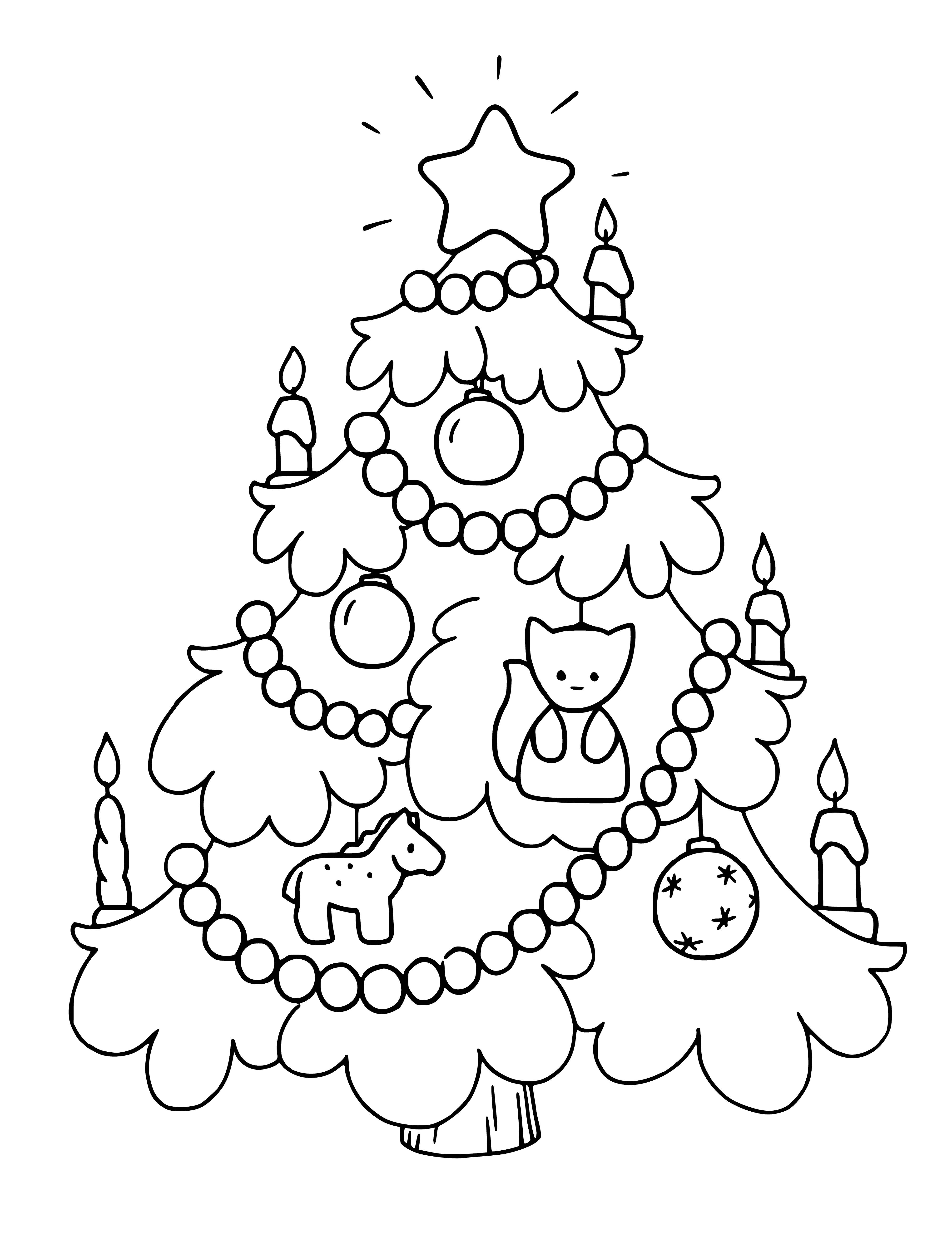 coloring page: Christmas tree decorated w/ red & gold balls & ribbons, star on top. Presents on ground, wrapped in red & green paper.