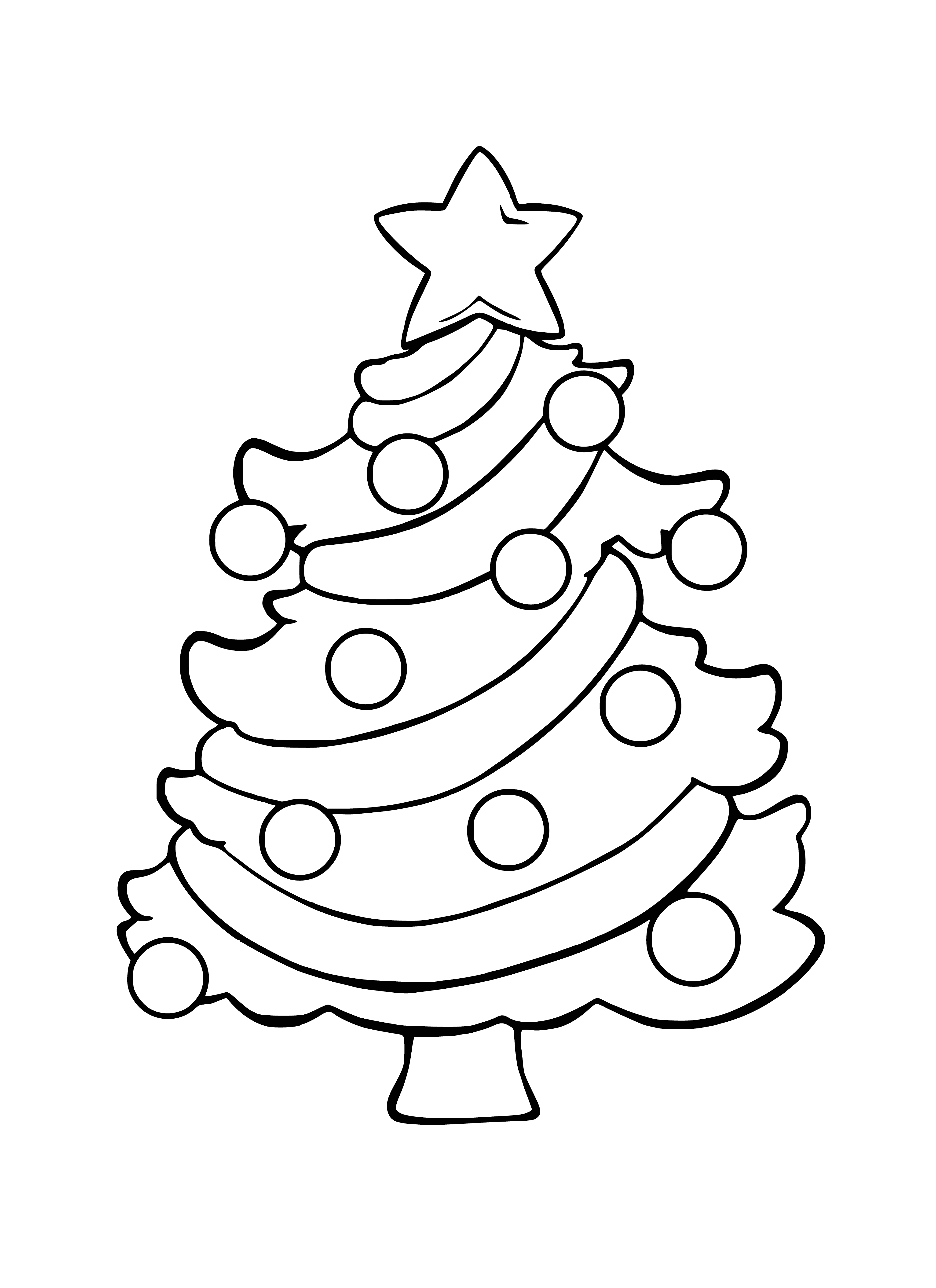 coloring page: A Christmas tree with lights, a star, and presents beneath.