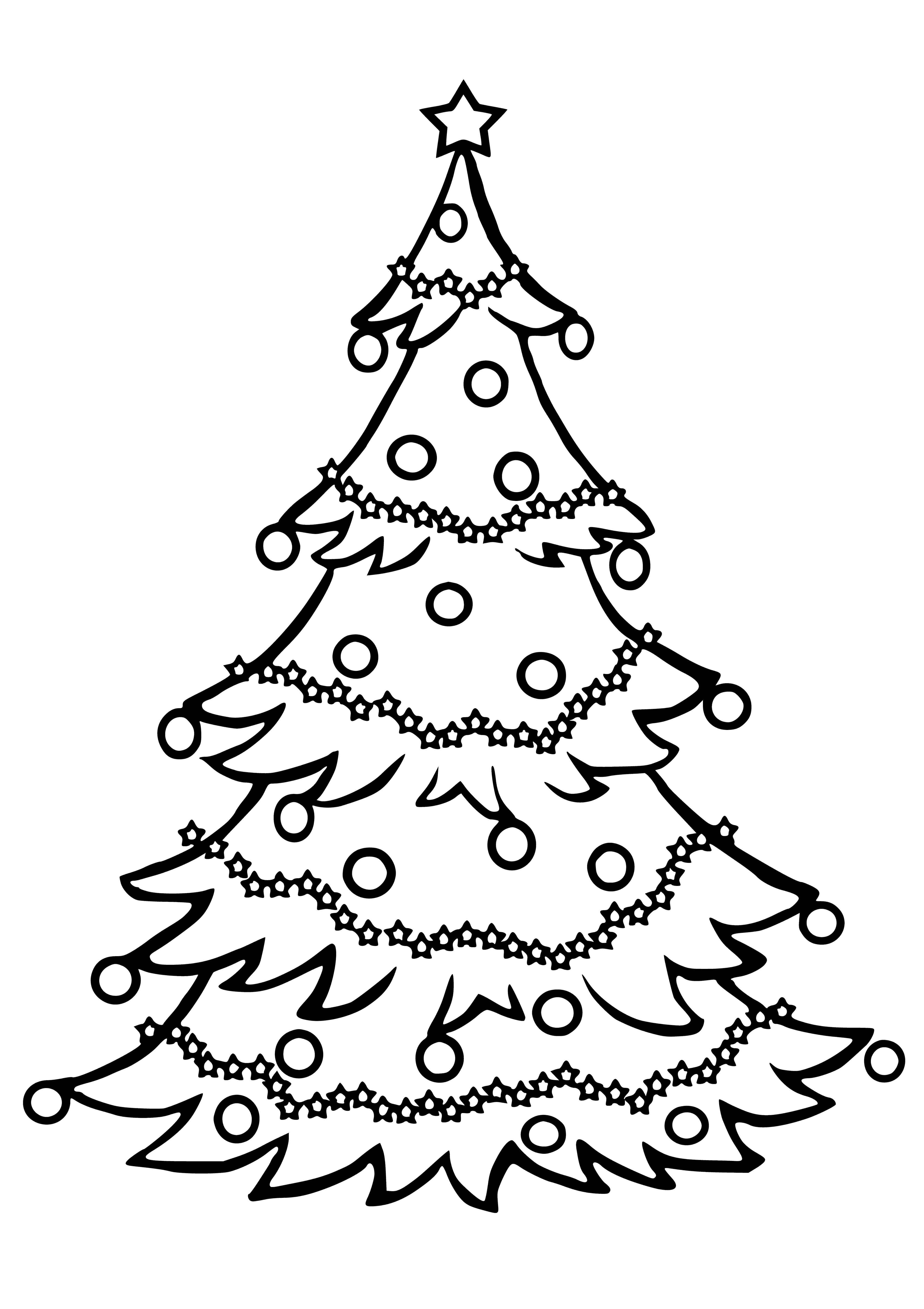 coloring page: Christmas tree lit up with colorful lights and presents underneath.