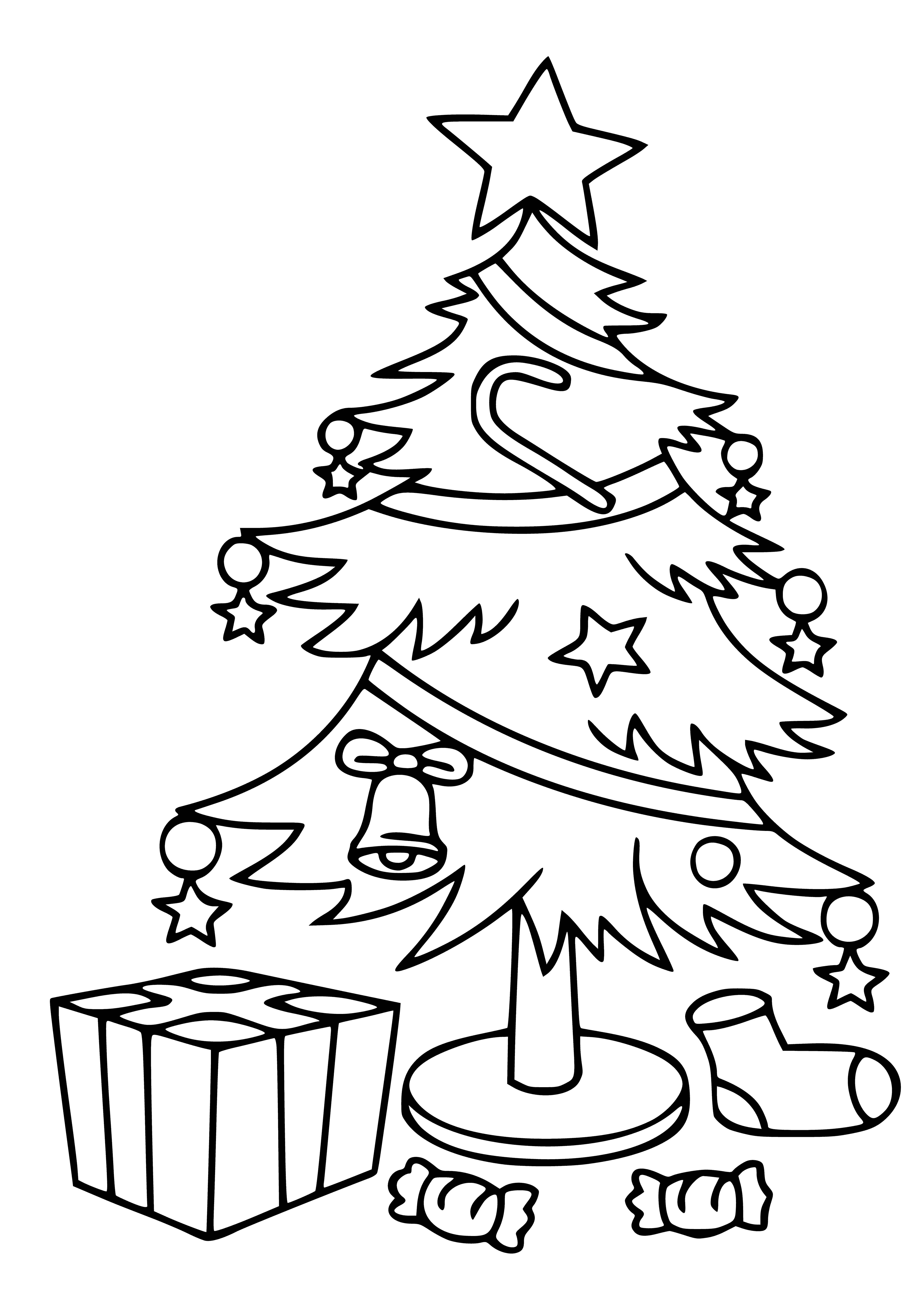 coloring page: Presents of green, red, and gold under the tree with ribbons and bows for everyone.