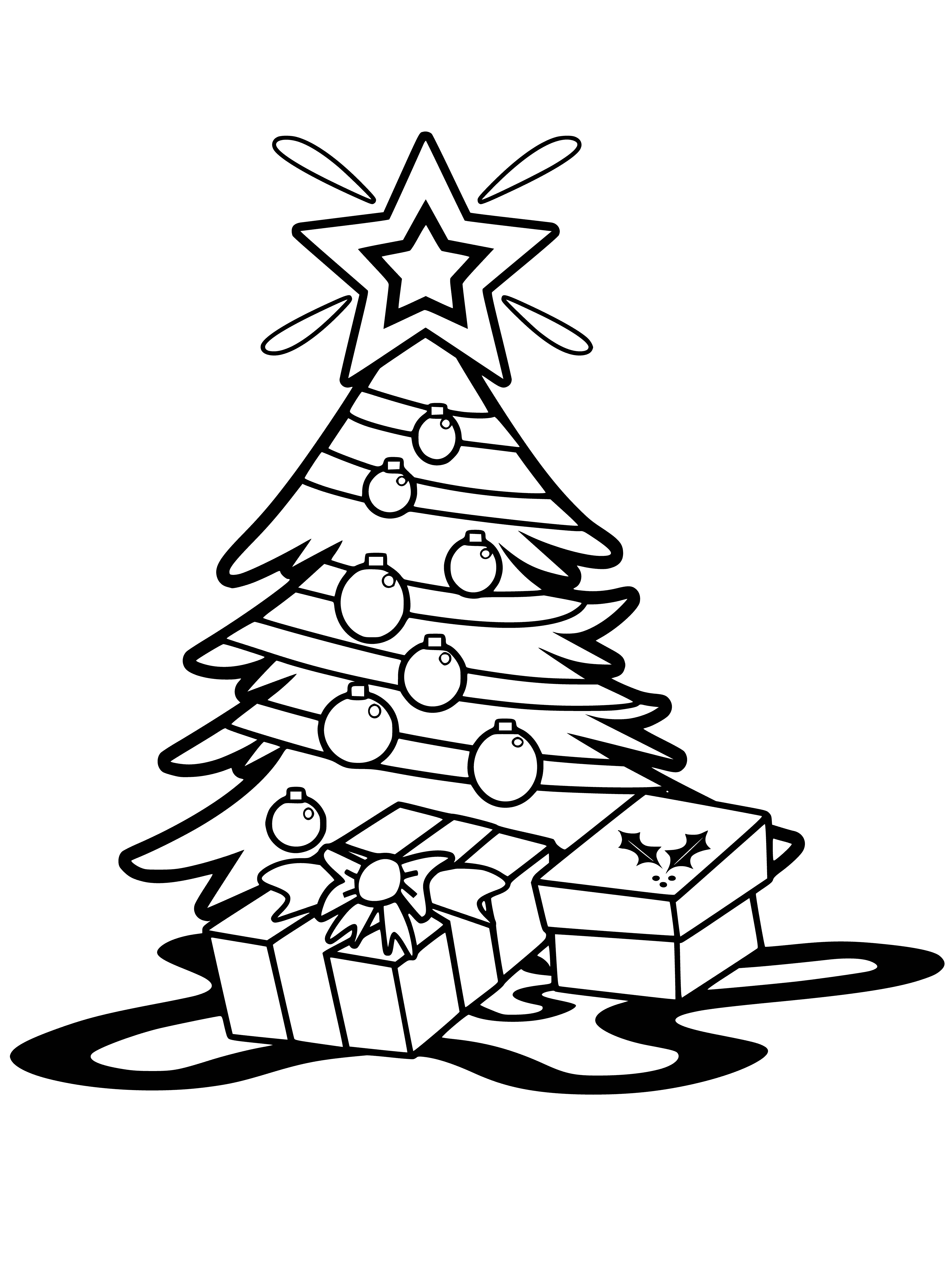 coloring page: A Christmas tree adorned with a star, lights, and orbs, the star shining brightly. #Christmas #Tree
