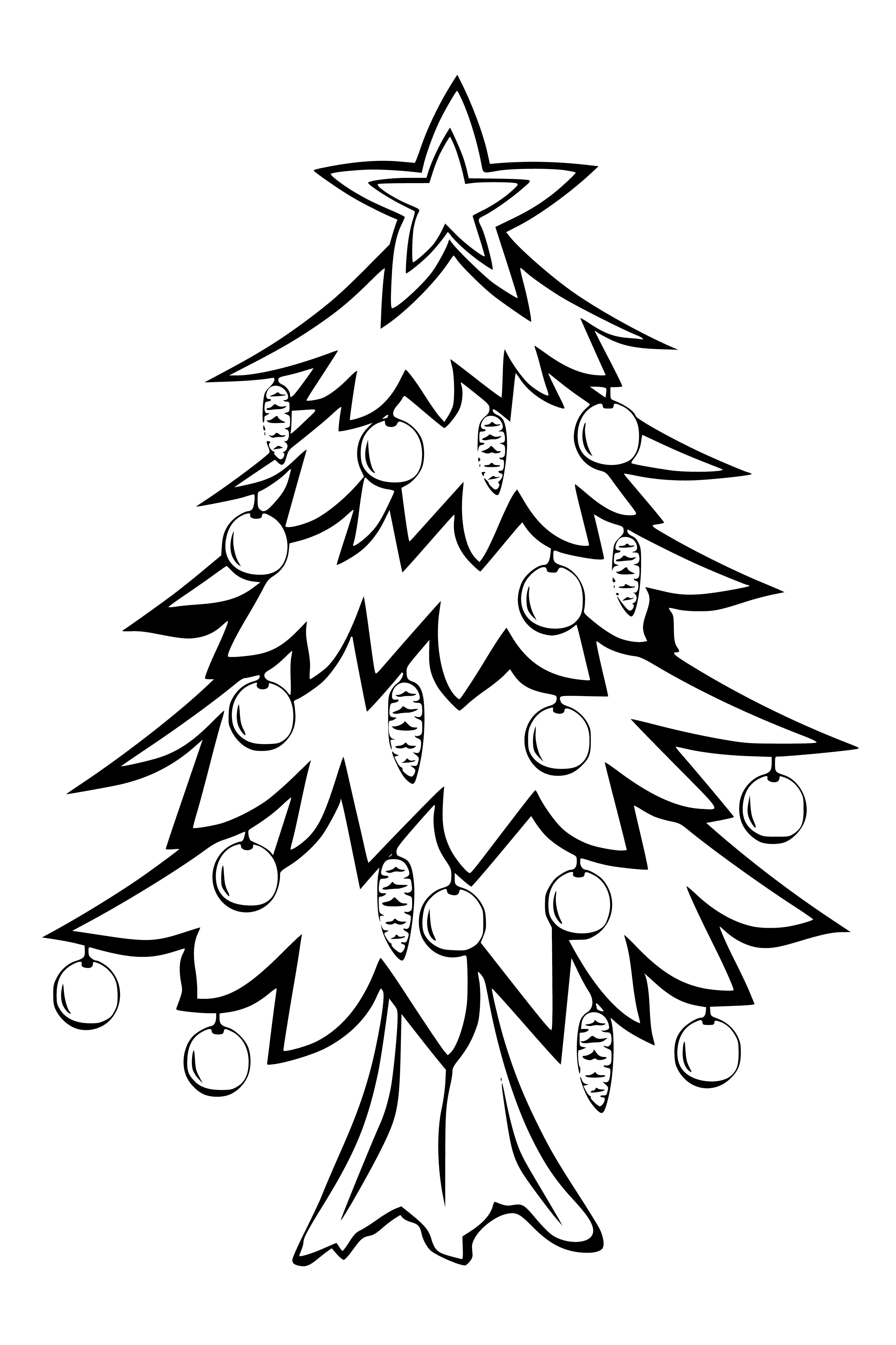 coloring page: Decorated Christmas tree in a pot, filled with lights and ornaments.
