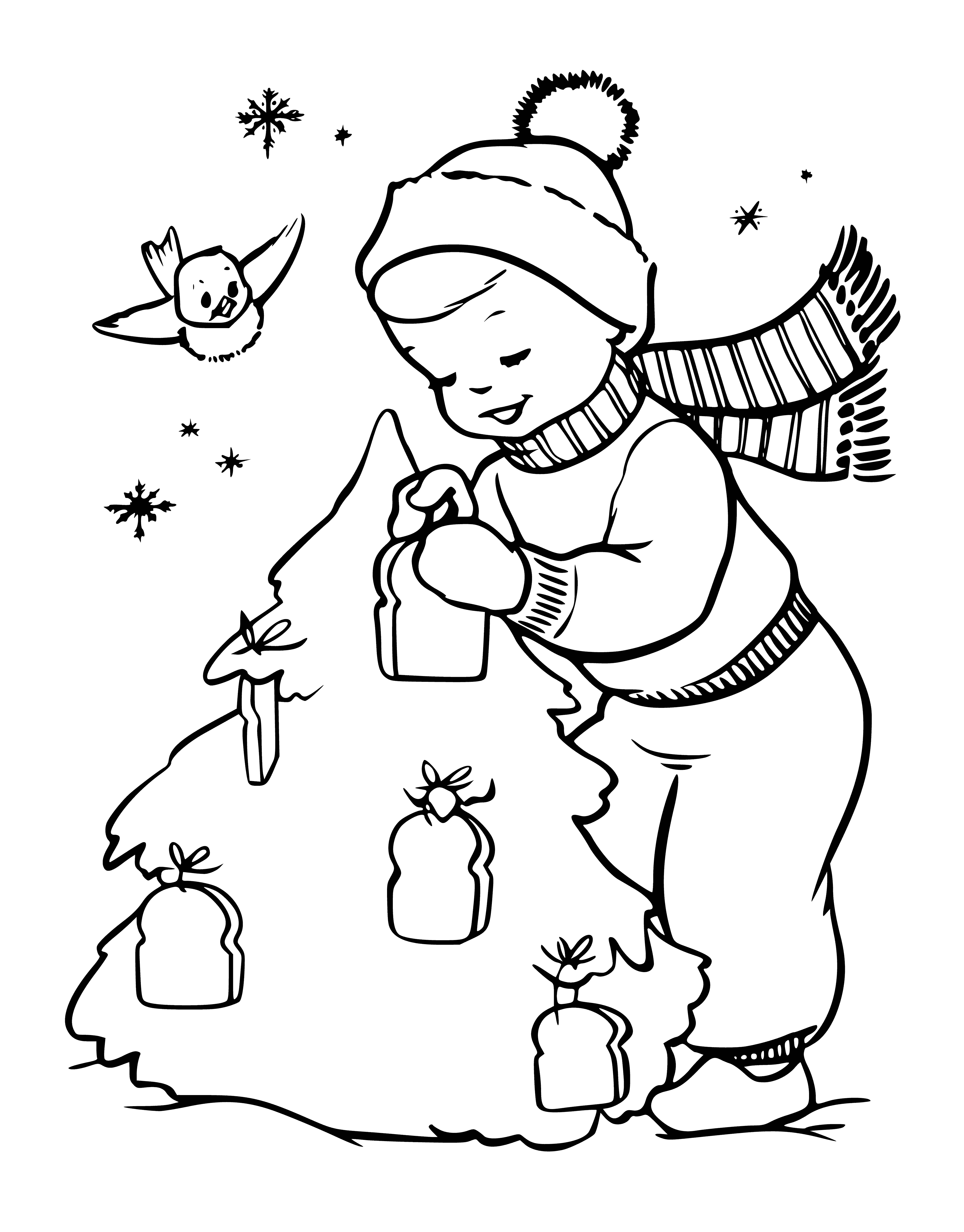 coloring page: Small Christmas tree w/ star, surrounded by presents - a festive scene!