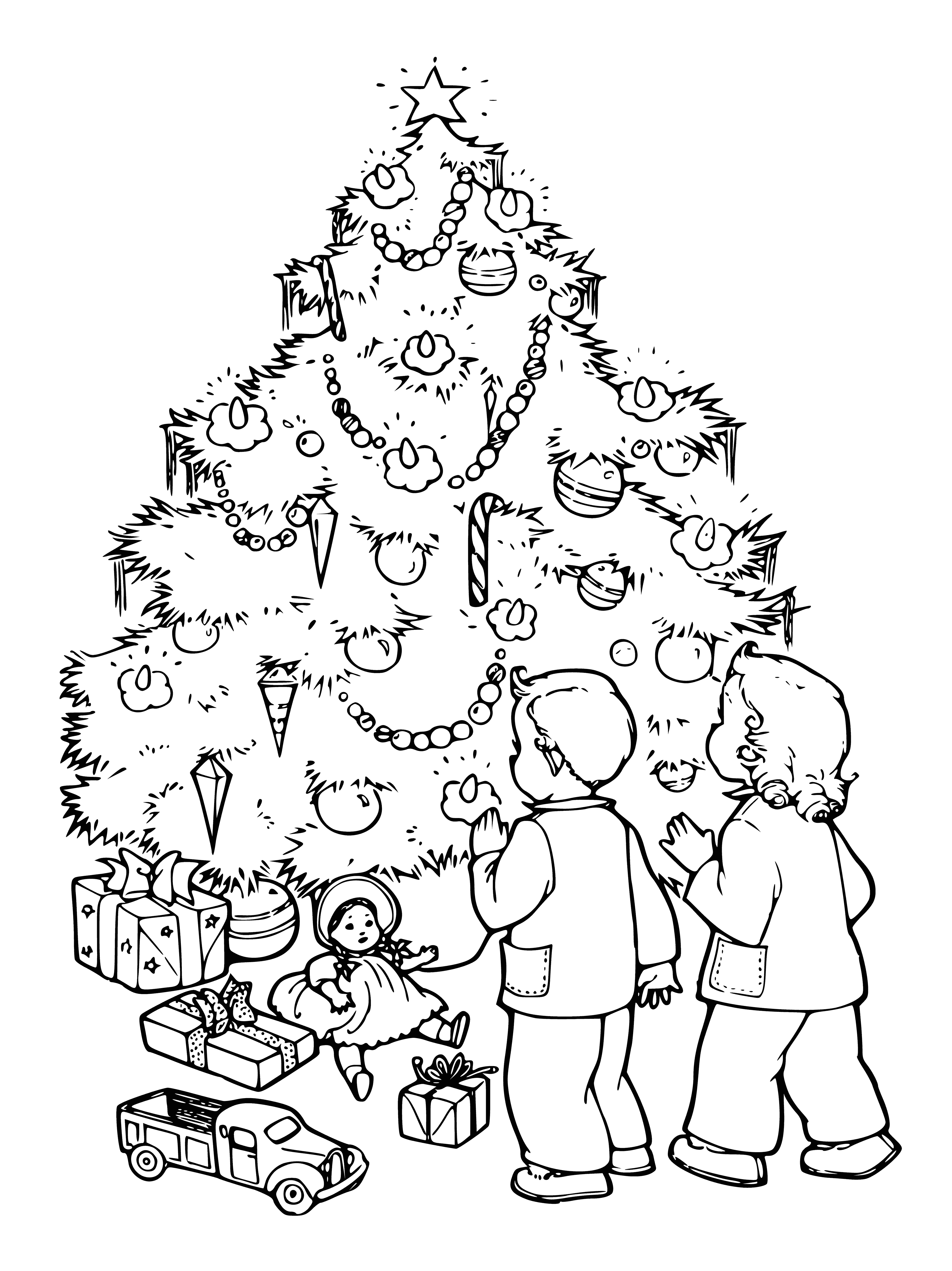 coloring page: A tall green Christmas tree with a star on top, adorned with lights and decorations.