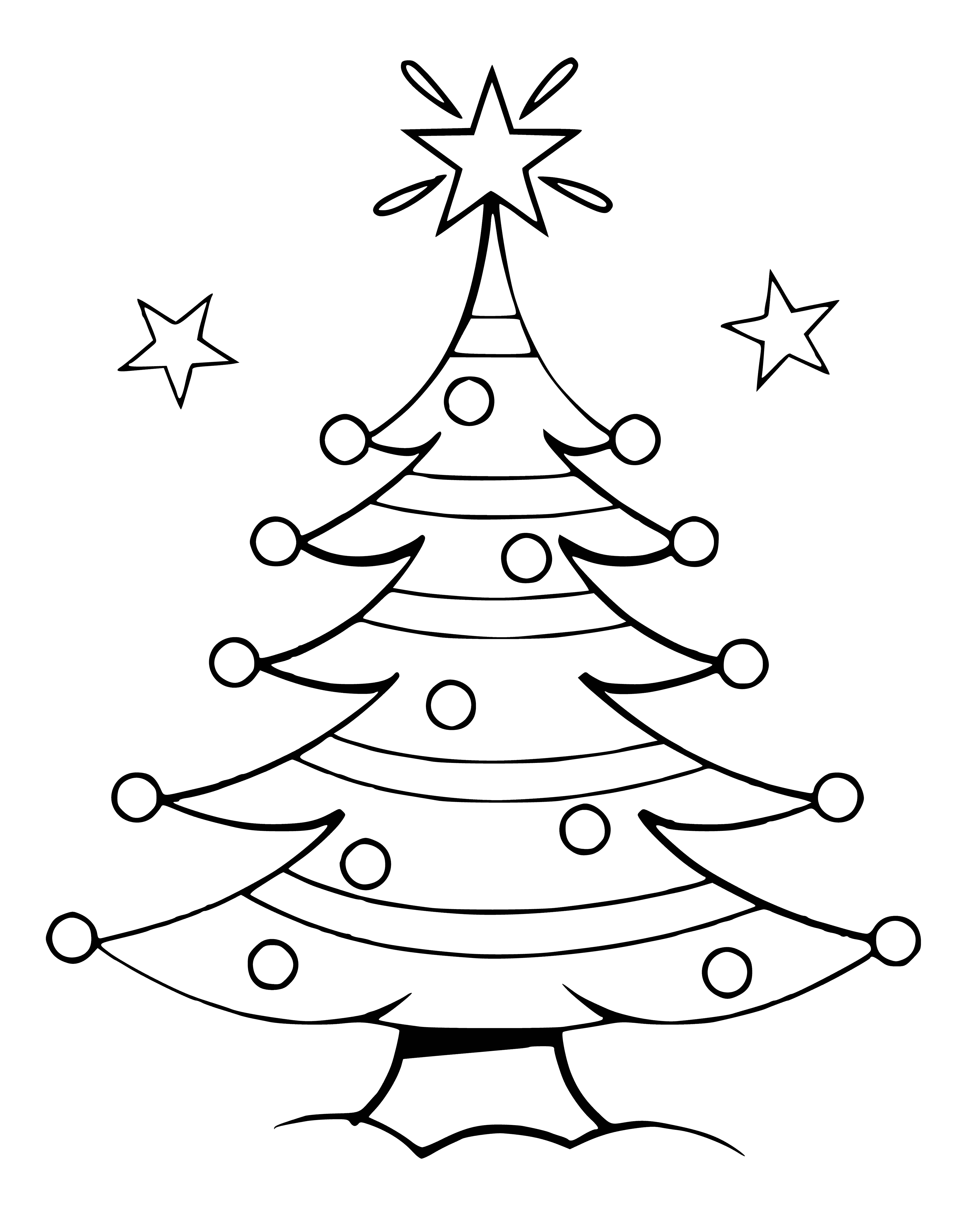 coloring page: Beautiful decorated Christmas tree w/ ornaments, garland, star; presents & fireplace to color for the holidays!