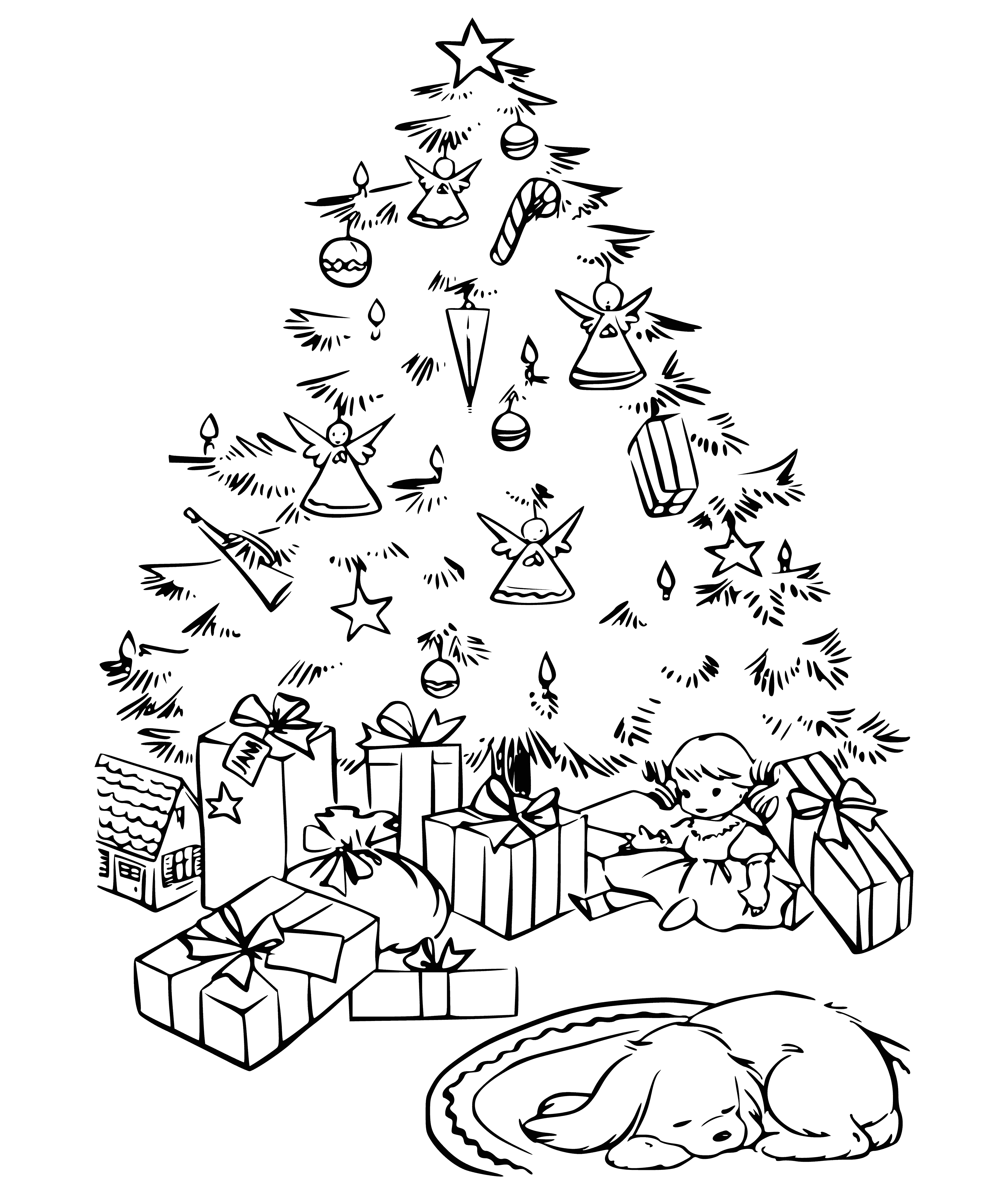 coloring page: An elegant Christmas tree decorated with lights, garlands and shiny balls topped with a star. #ChristmasEve