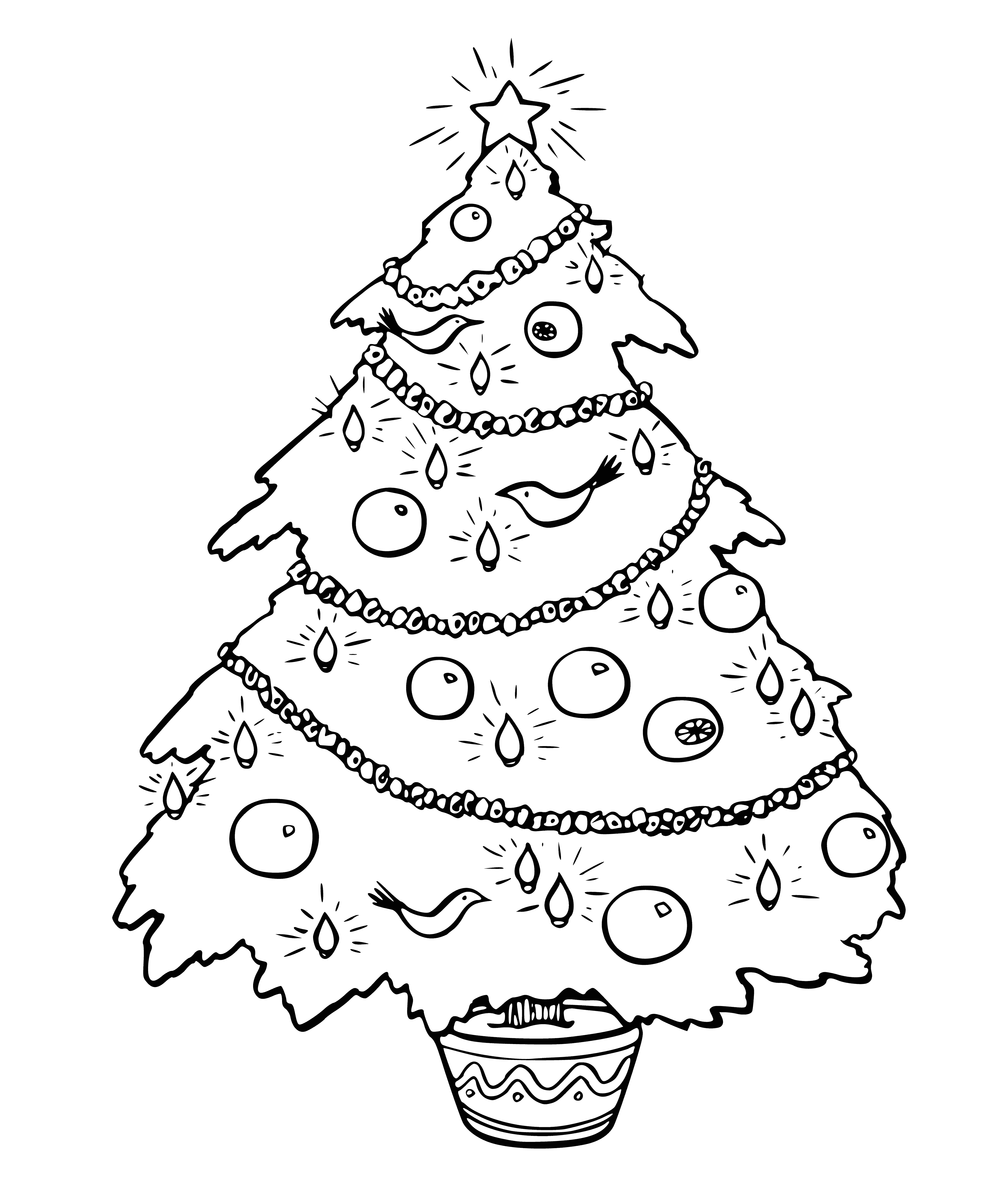 coloring page: A Christmas tree with presents, topped with a star, and a mix of colors.