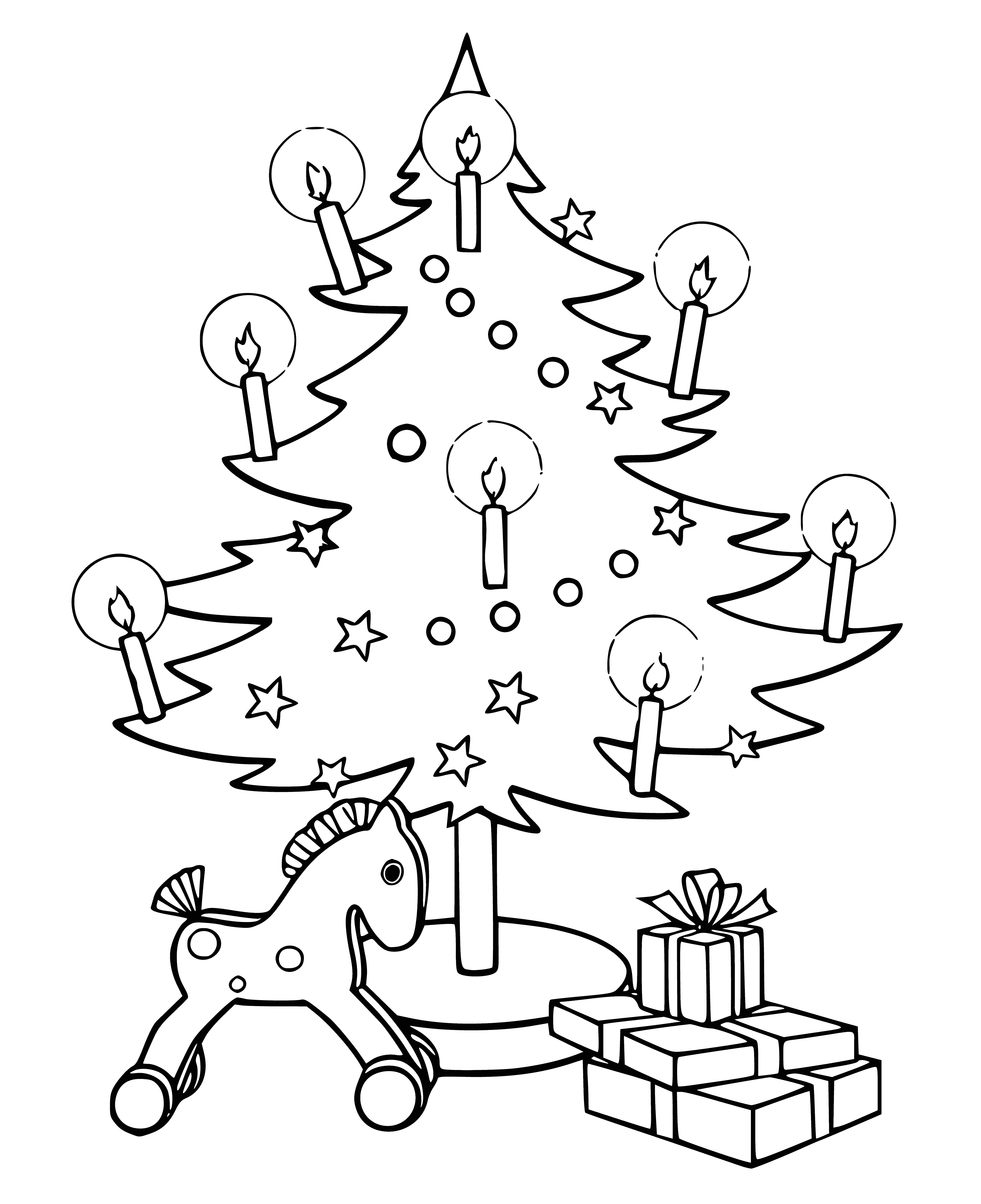 coloring page: Santa and his reindeer visiting the Christmas tree surrounded by presents and toys.