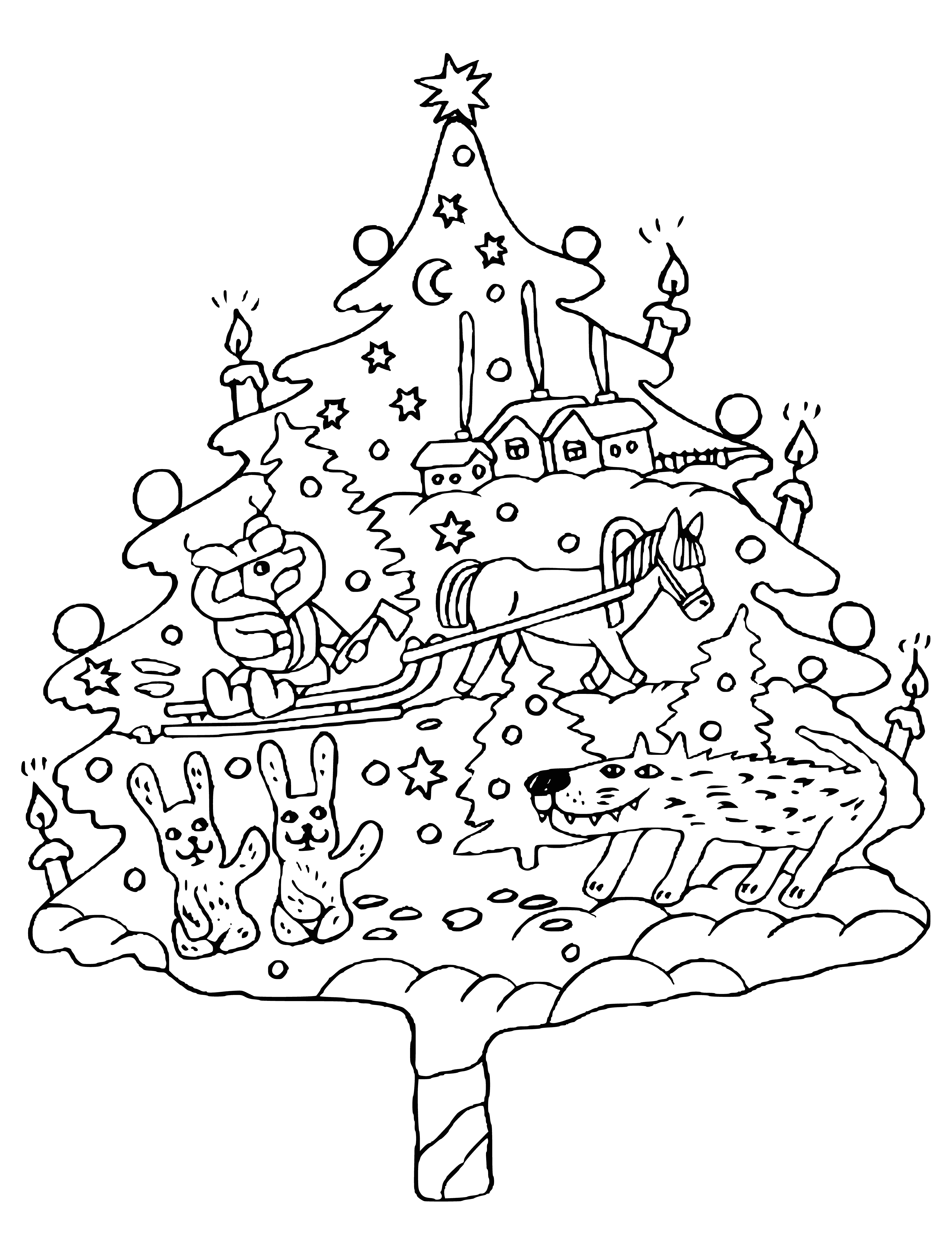 coloring page: A Christmas tree with a blue trunk and red leaves stands out from the others!