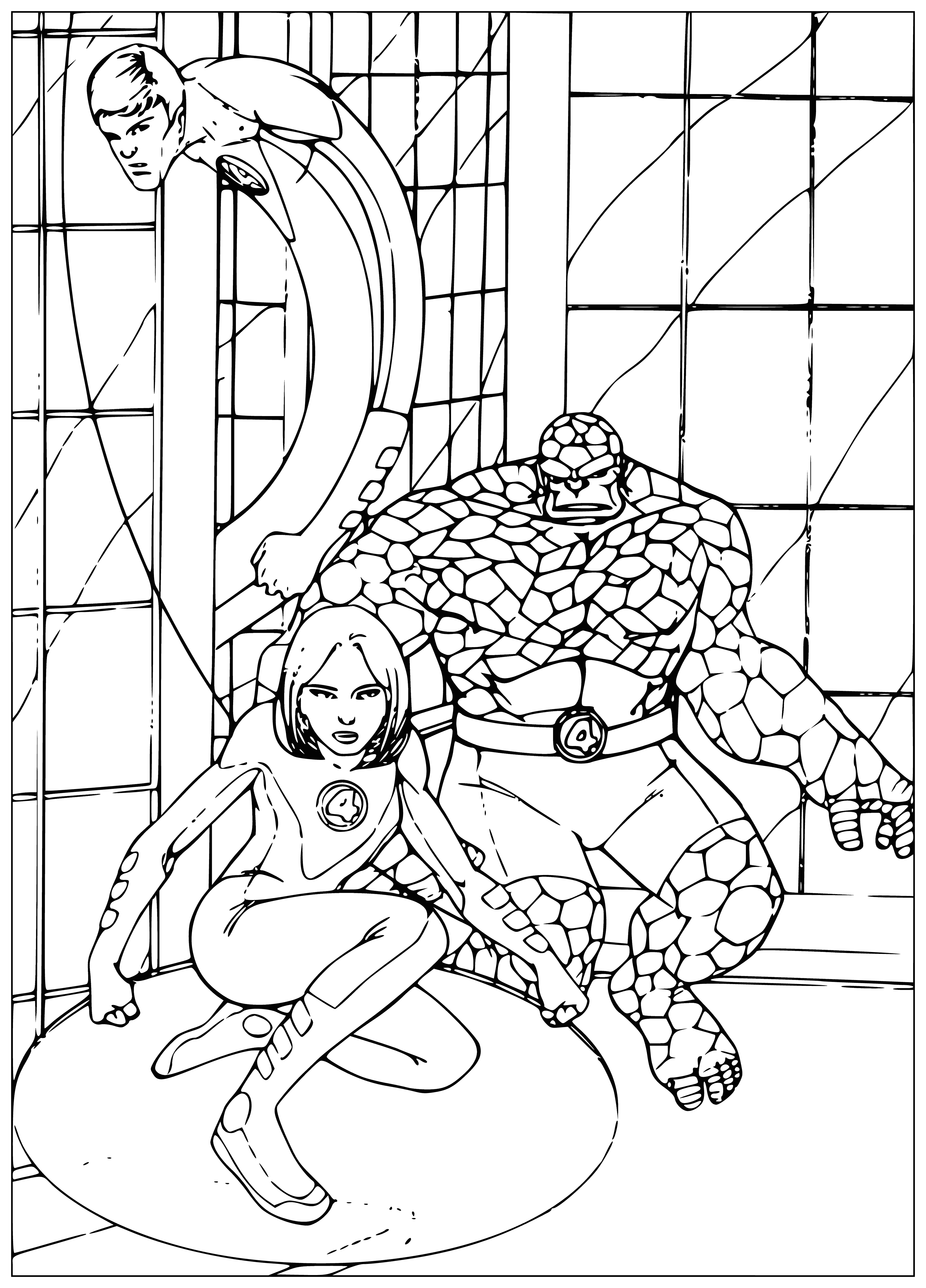 coloring page: Four heroes: Mr. Fantastic, Invisible Woman, Human Torch and Thing use unique abilities together to protect the world. Heroes have saved the world many times. #FantasticFour