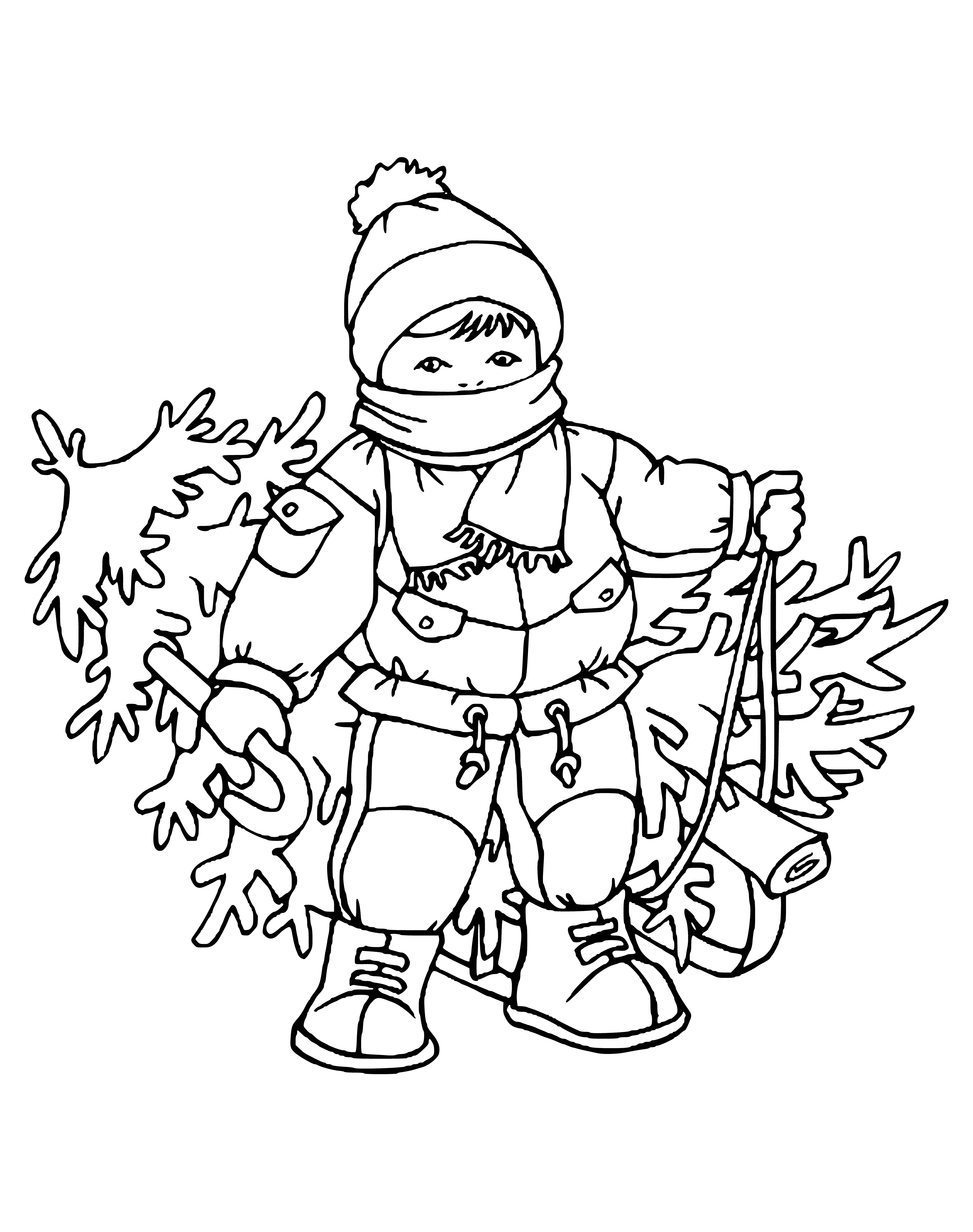 coloring page: Boy smiles, decorates Christmas tree with lights & ornaments.
