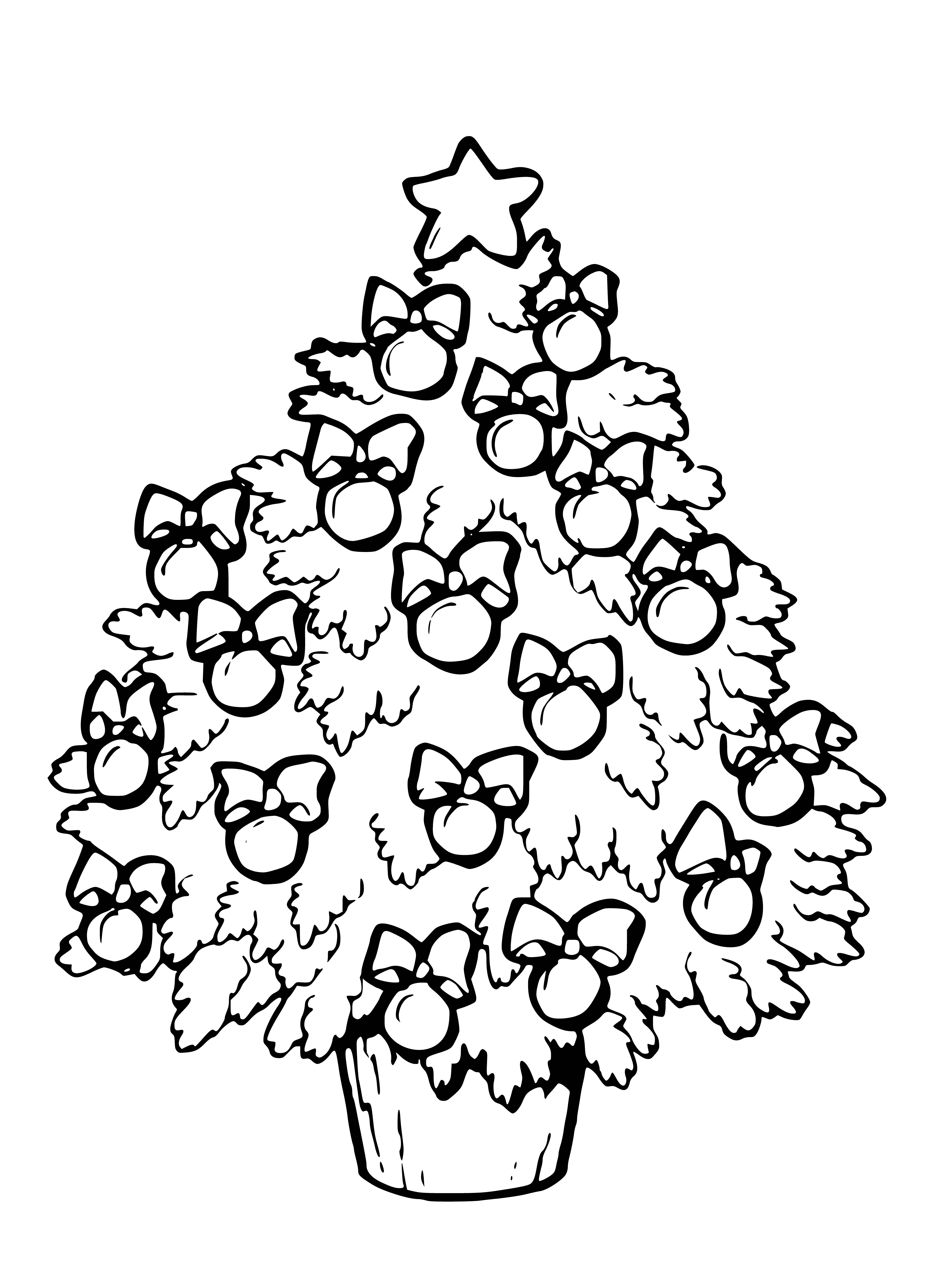 coloring page: Christmas tree in center of page, decorated with ornaments/lights & presents underneath.