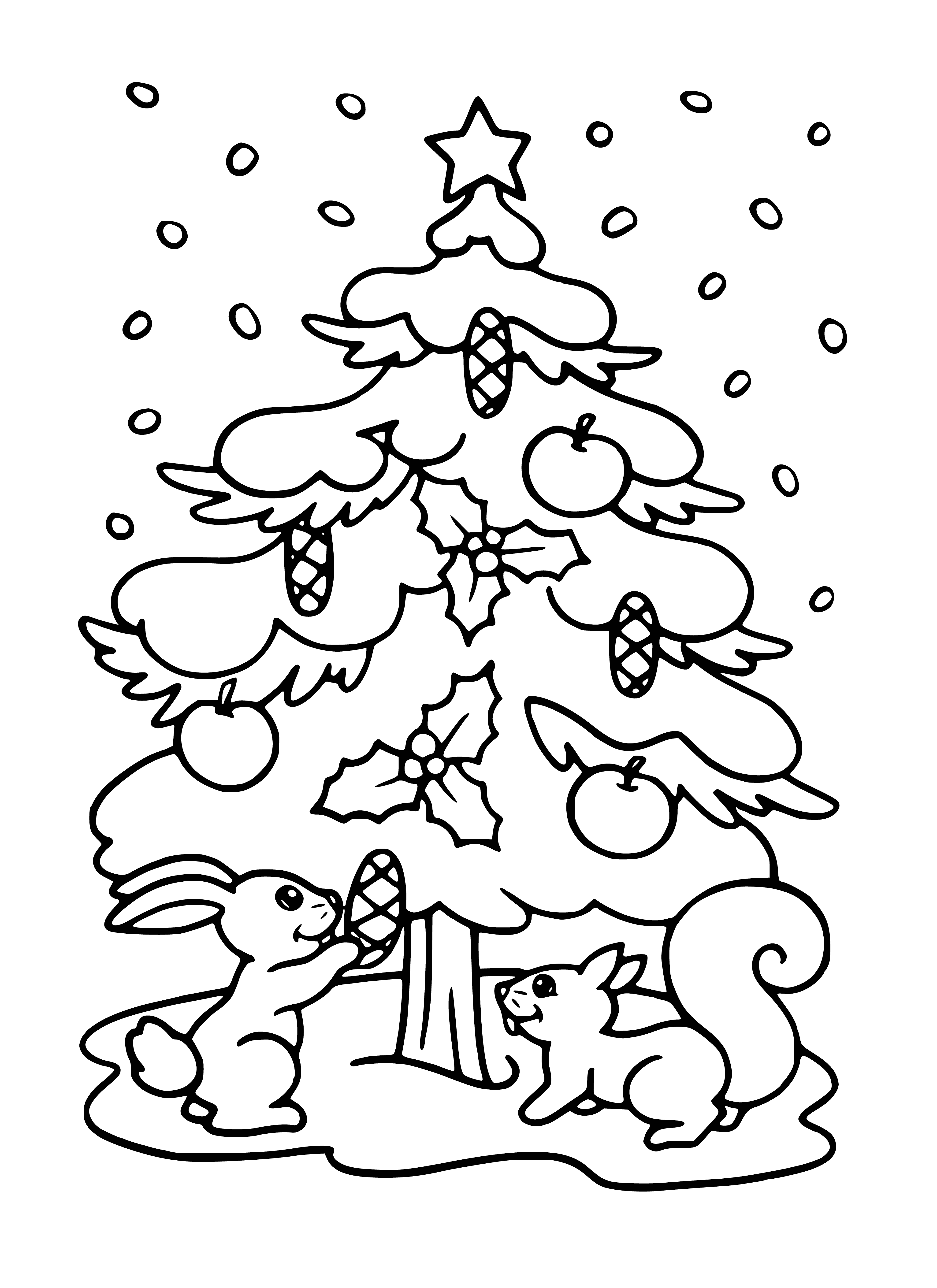Squirrels play around a Christmas tree decorated with lights and ornaments in a festive coloring page.