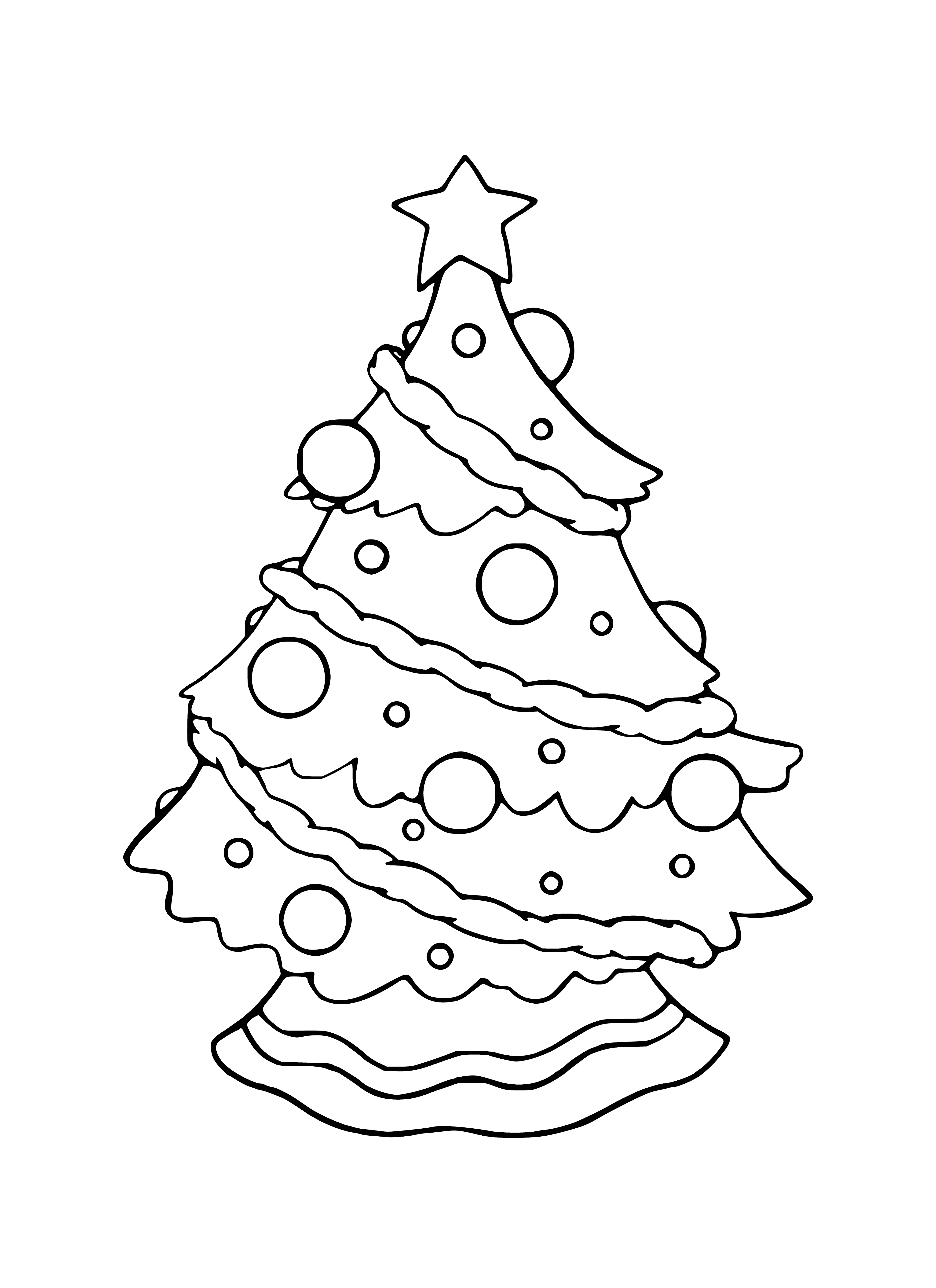 coloring page: Pretty Christmas tree is decorated with ornaments, garland & star. Presents are around it & cat peeking out from one!