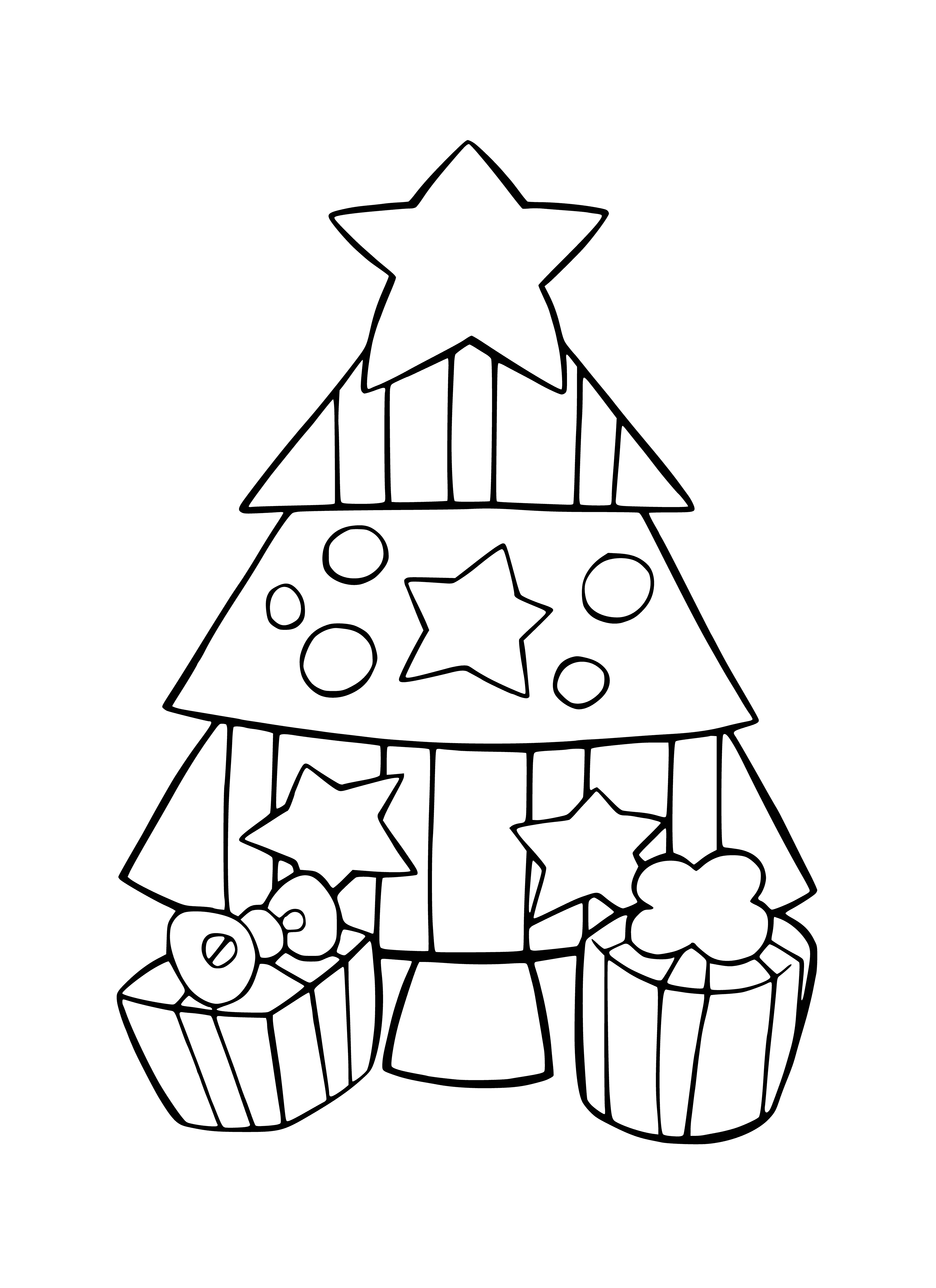 coloring page: Decorated Christmas tree with lights & ornaments, gifts wrapped & placed underneath.