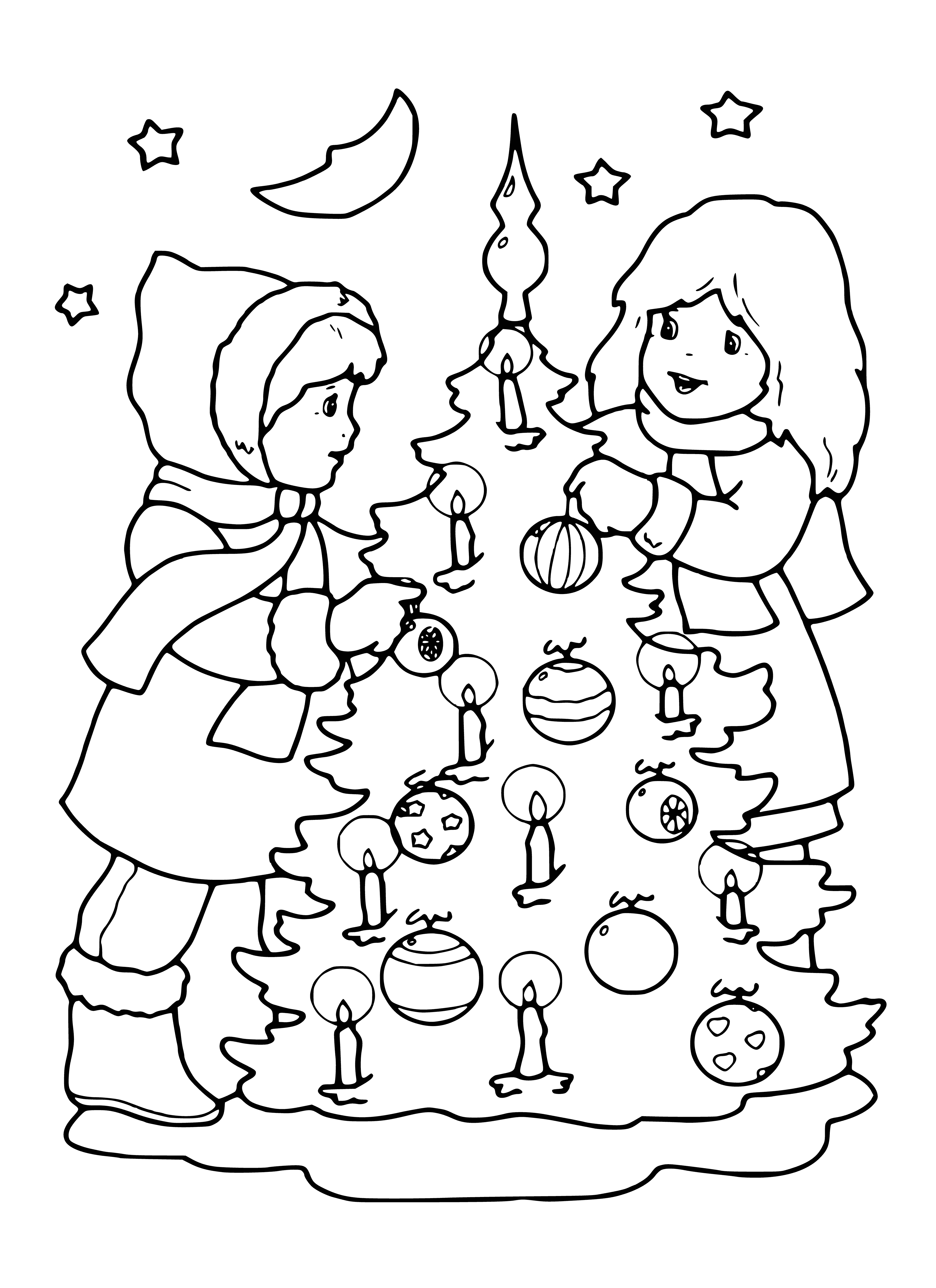 coloring page: Children around Xmas tree, holding presents, ornaments, garland. Tree full of colorful lights and ornaments.