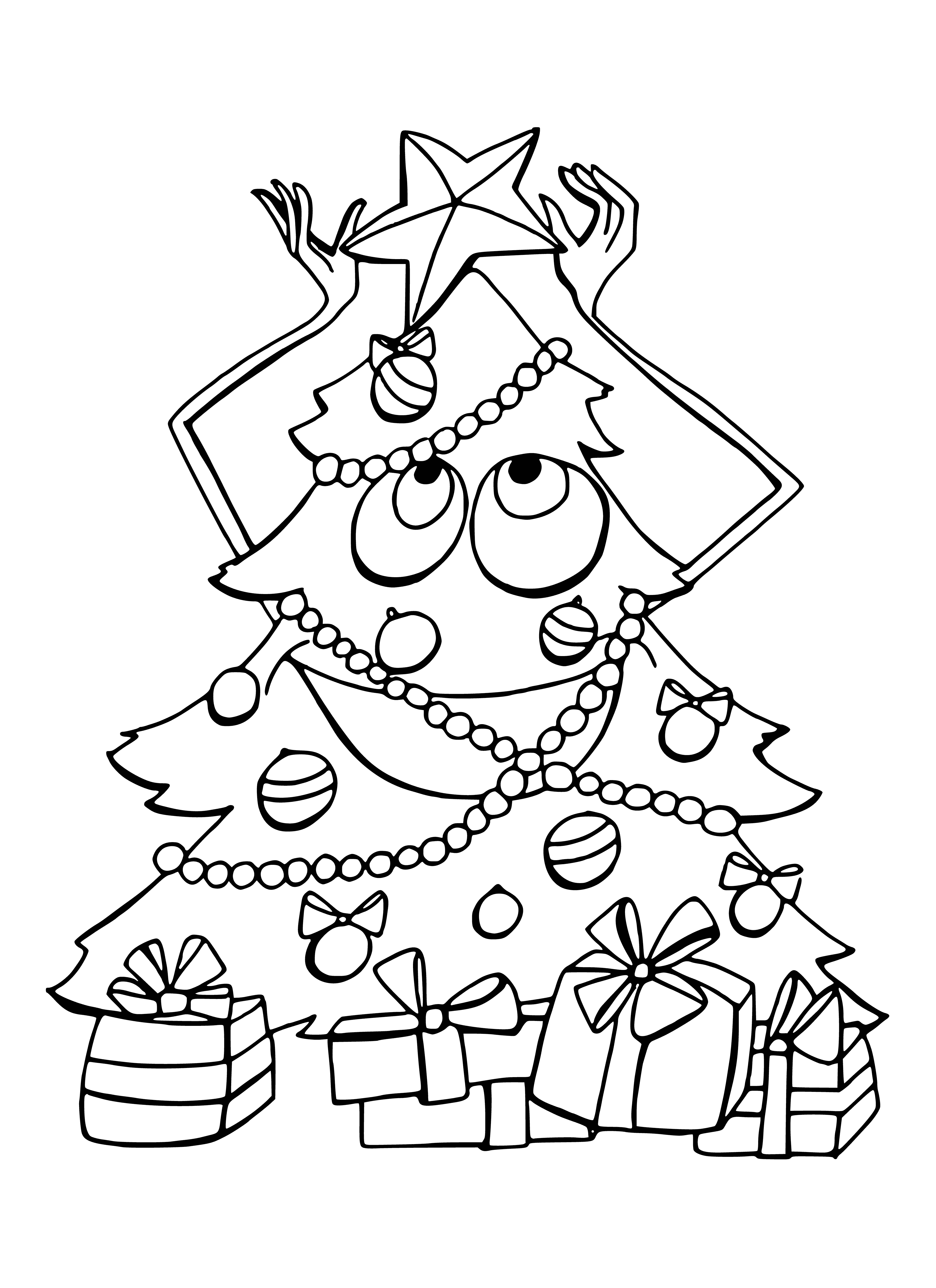 coloring page: A tall Christmas tree adorned with colorful lights, decorations, tinsel and a star sits atop, surrounded by presents. #ChristmasTree
