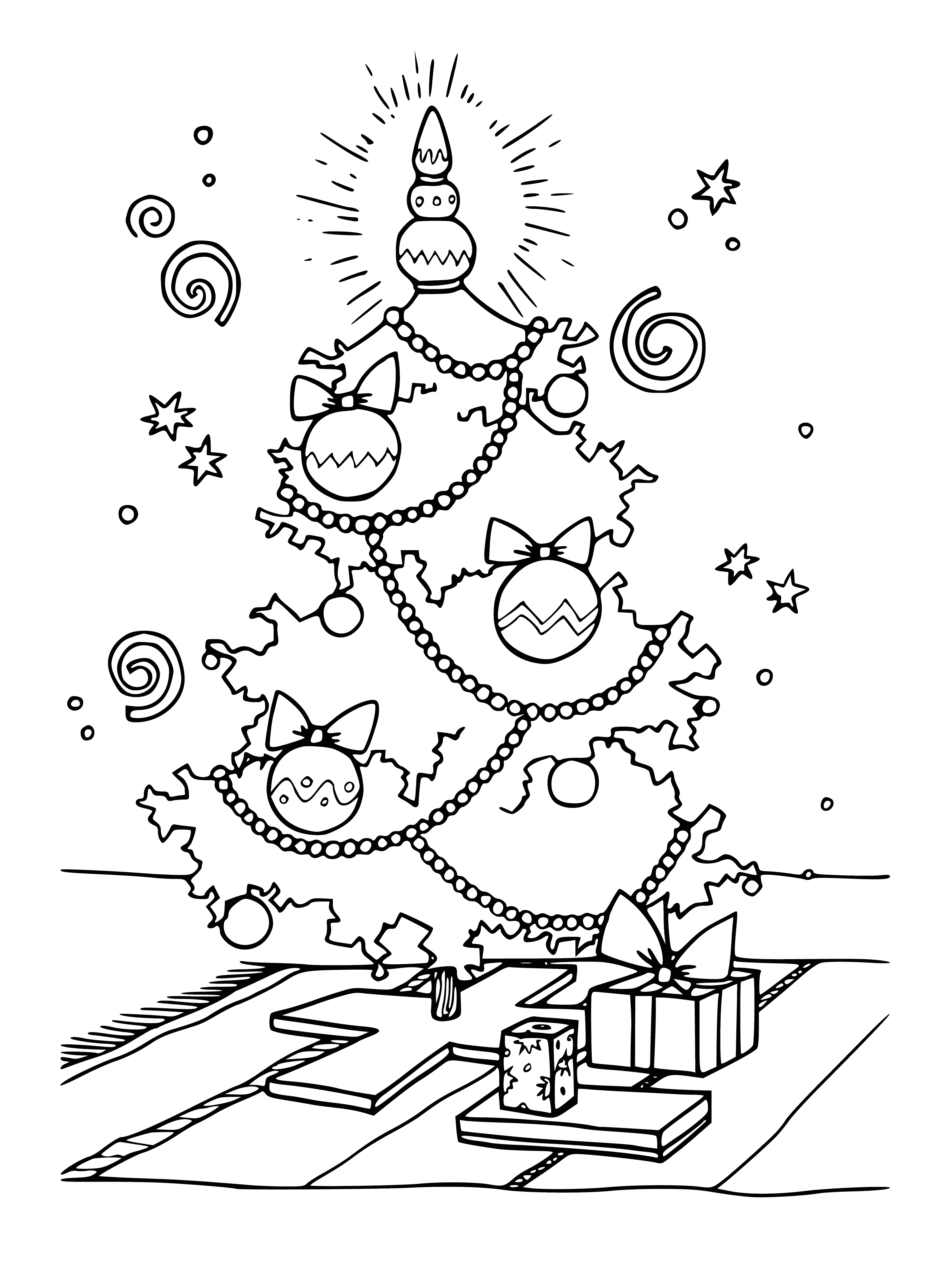 coloring page: Merry Christmas! A tree adorned with festive red, blue and gold ornaments, surrounded by presents. #Xmas #holidaycheer