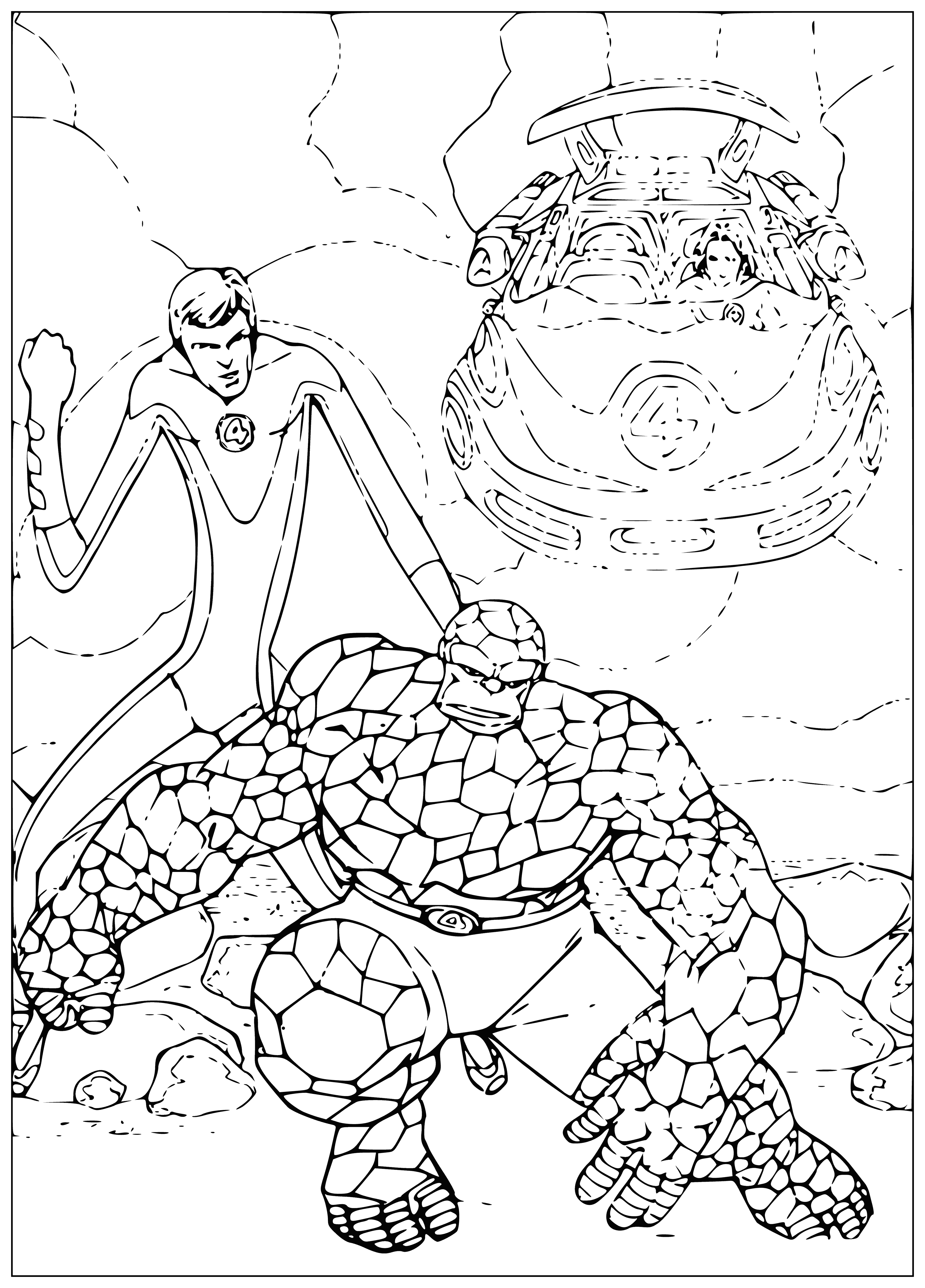 coloring page: Four people are wearing red, blue, & white costumes with a white '4' on the front.