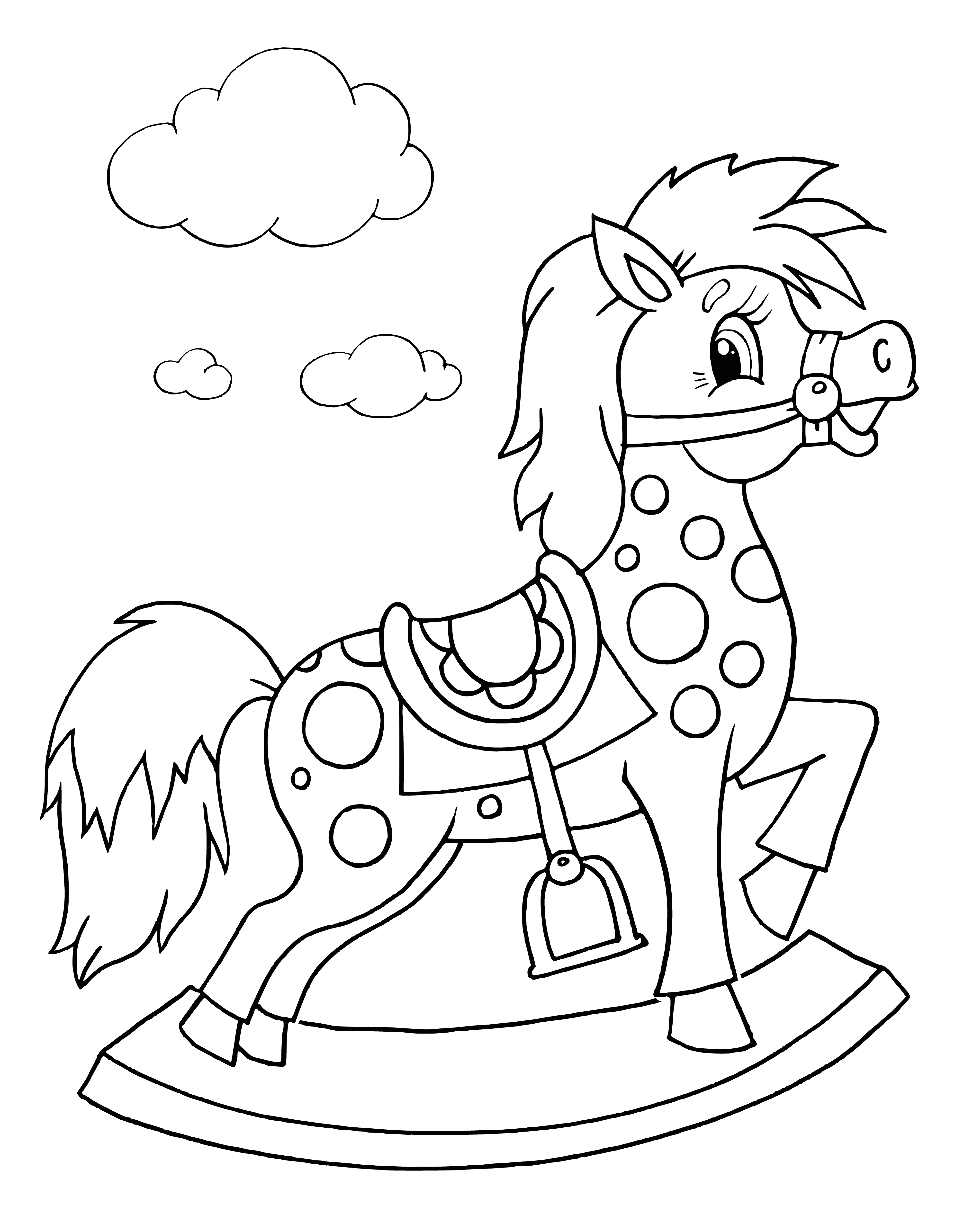 coloring page: Coloring page of a horse with a saddle, brown fur & long tail & mane, standing on four legs. #coloring