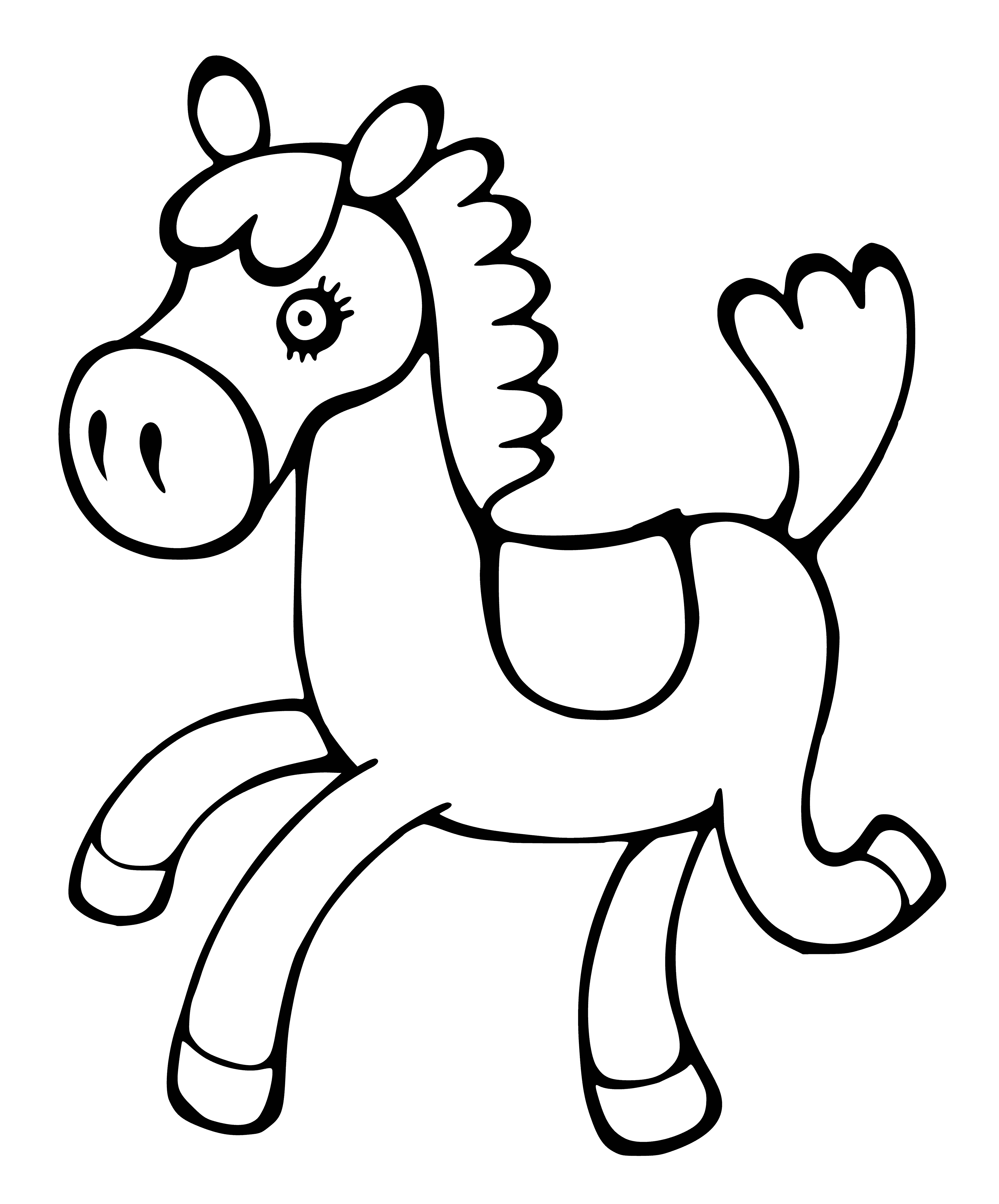 coloring page: Powerful bay horse with black mane/tail stands in field-Muscular, strong, healthy.