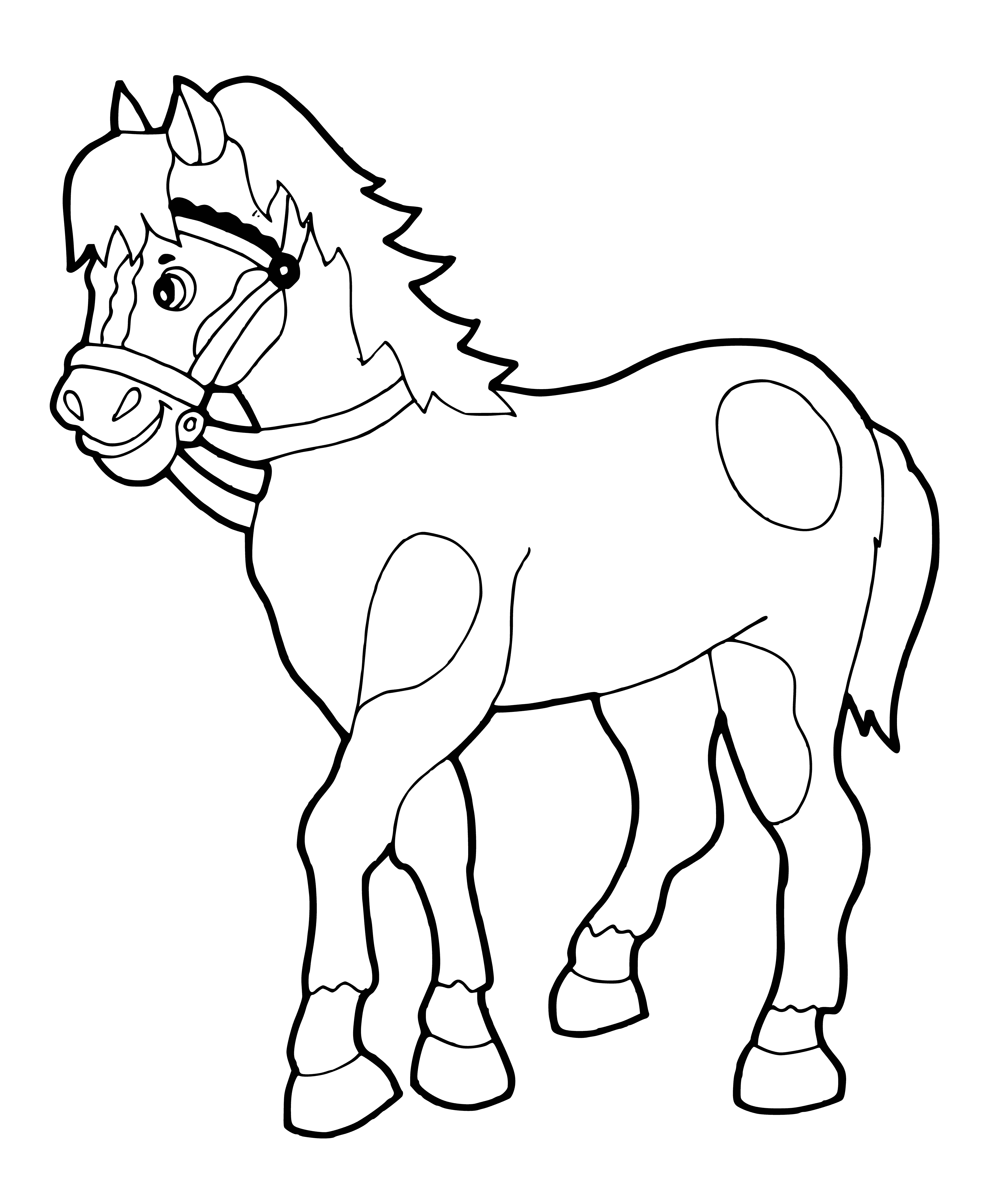 coloring page: A horse is a beautiful, noble creature, strong and muscular with a long neck, shiny coat, and thick mane.