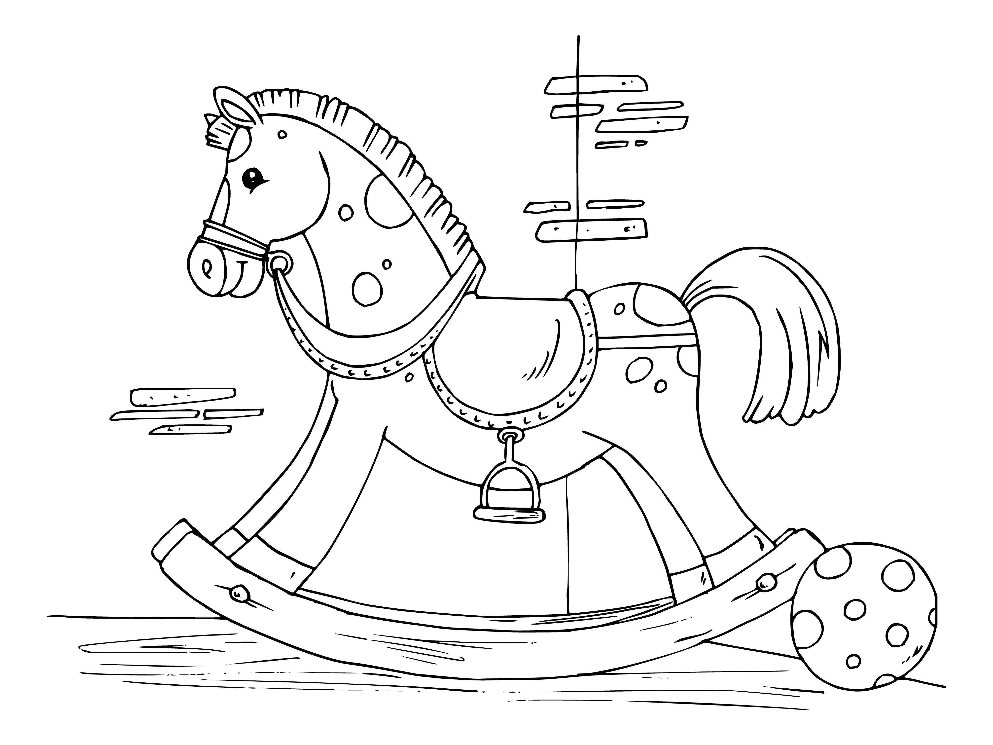 coloring page: Child rides horse with long brown mane, deep chestnut coat & gentle brown eyes. Child laughing with delight as they ride, gripping reins tightly.