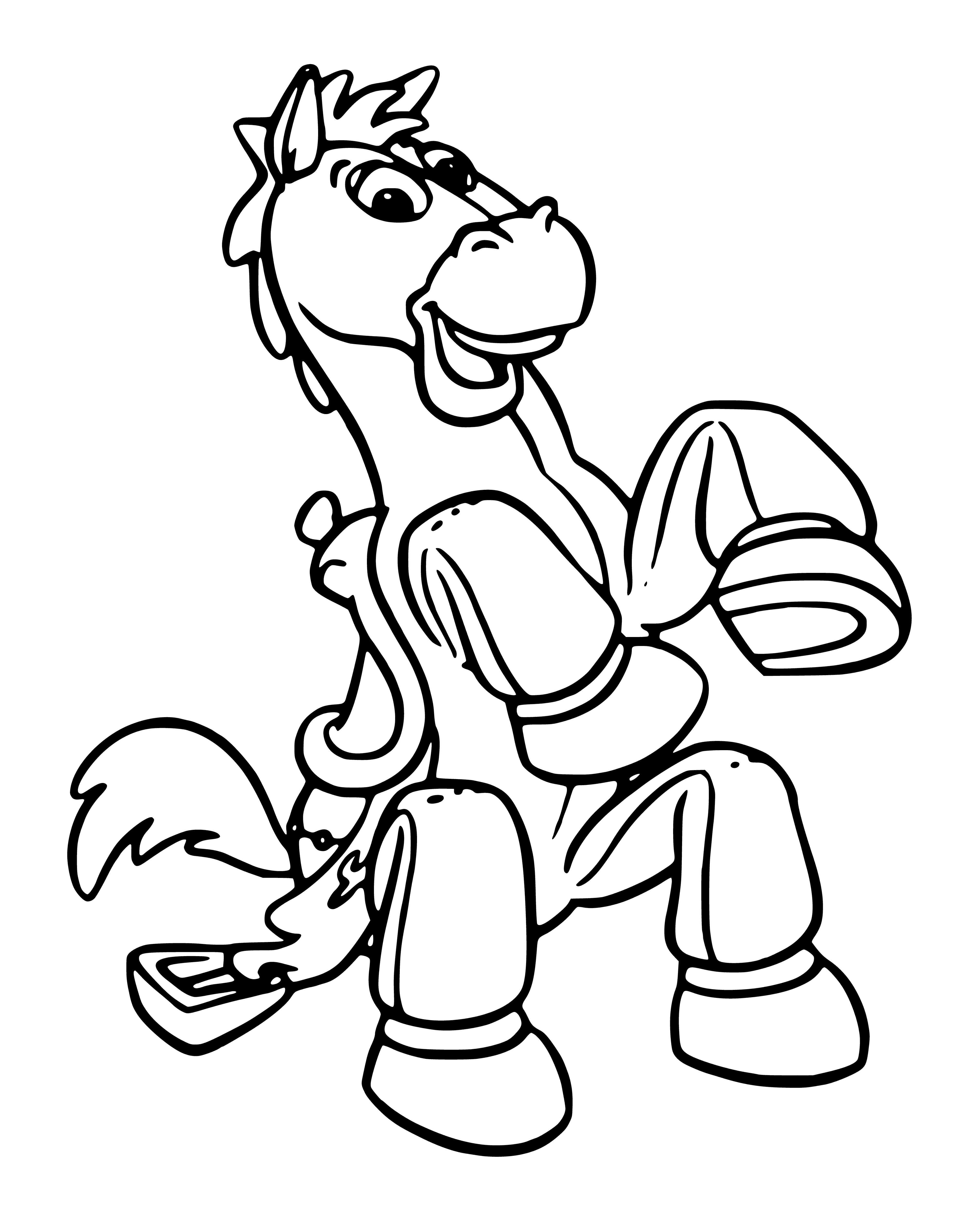 coloring page: Beautiful horse stands tall, light brown coat blowing in the wind. Left front leg raised and left hind bent at the knee, long tail flowing.